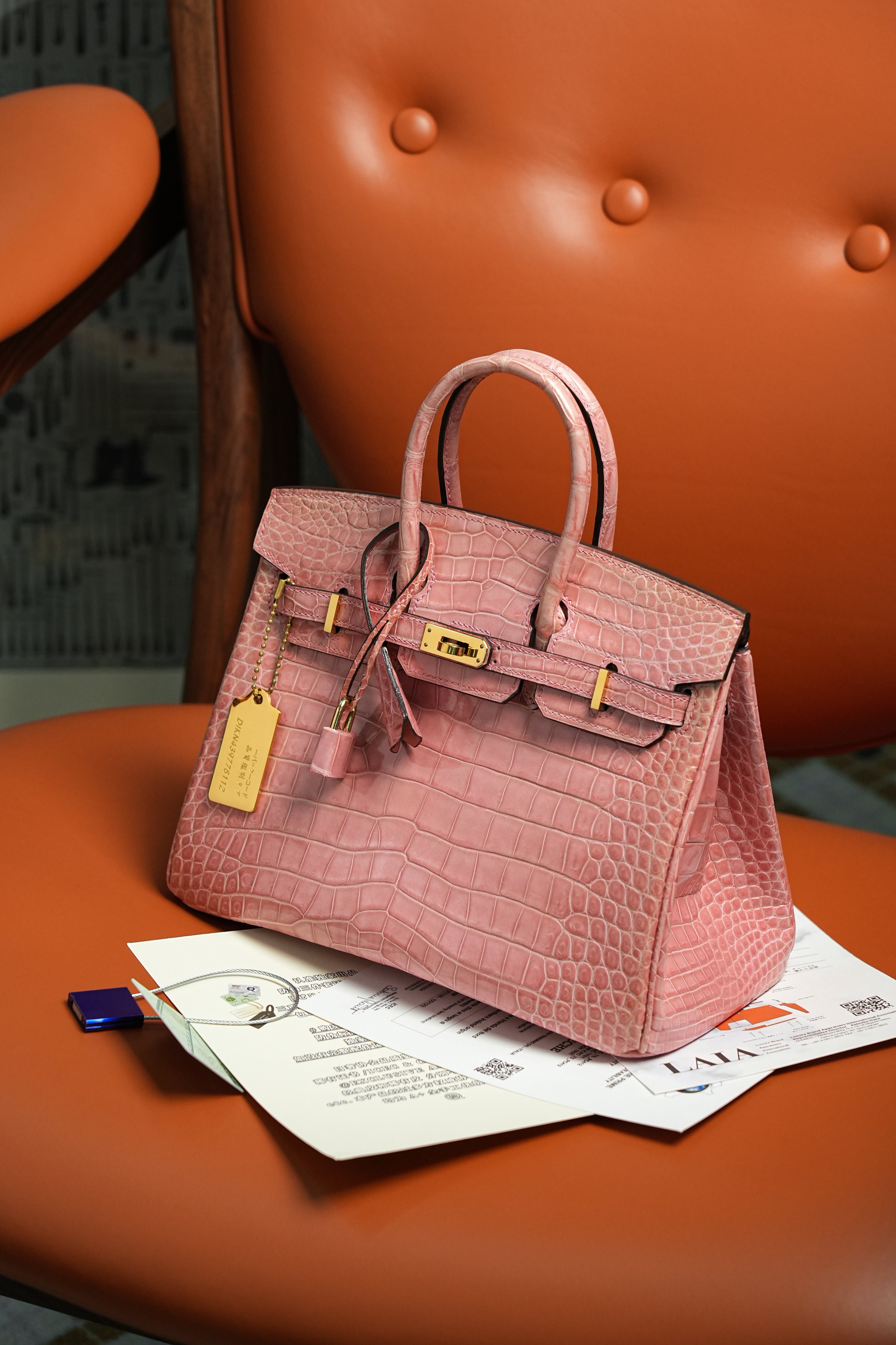 BK-2024 All Handmade Golden Hardware Fuchsia Bright surface Porosus Crocodile leather