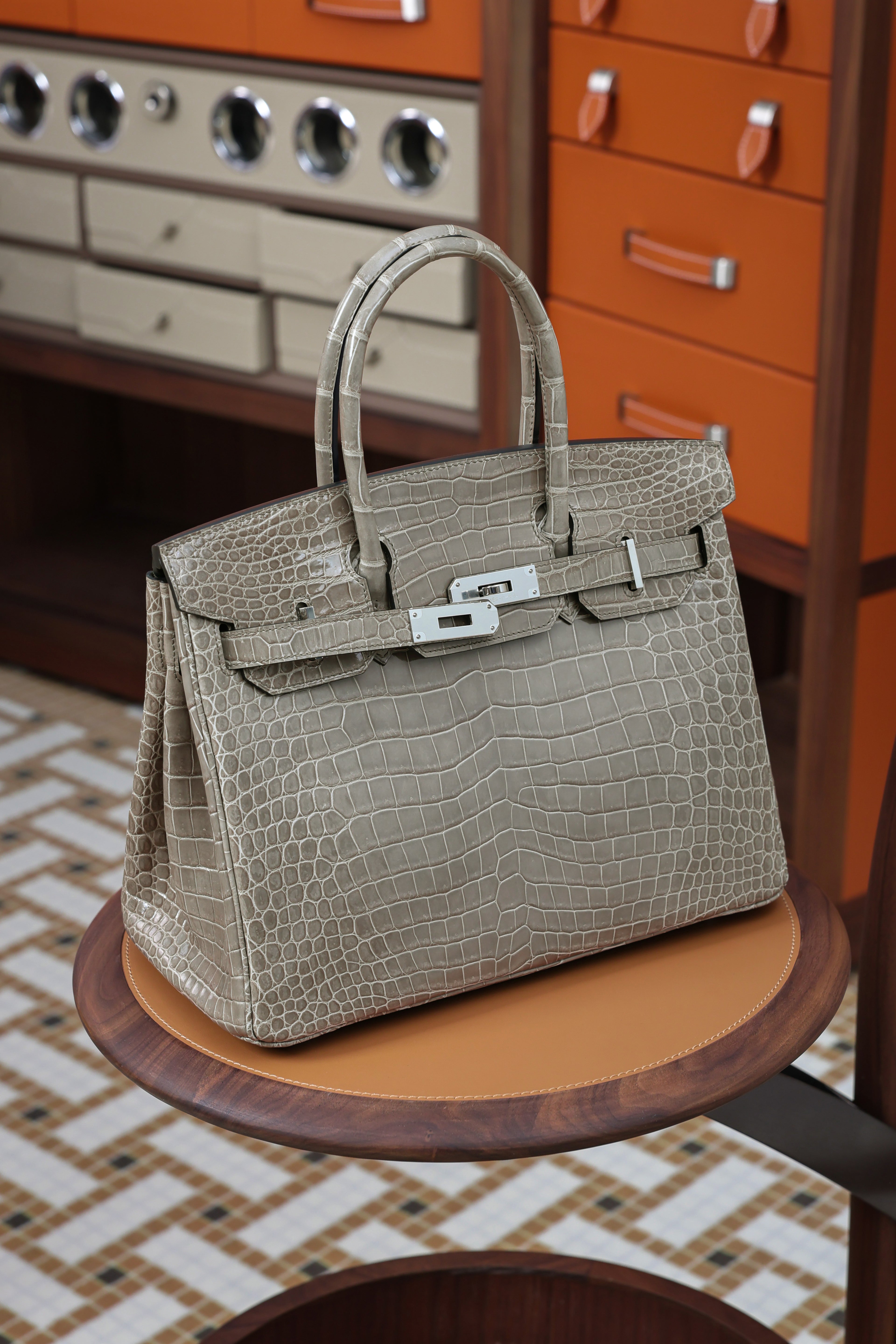 BK-2024 All Handmade Golden / Sliver Hardware Gris Tourterelle Porosus Crocodile leather