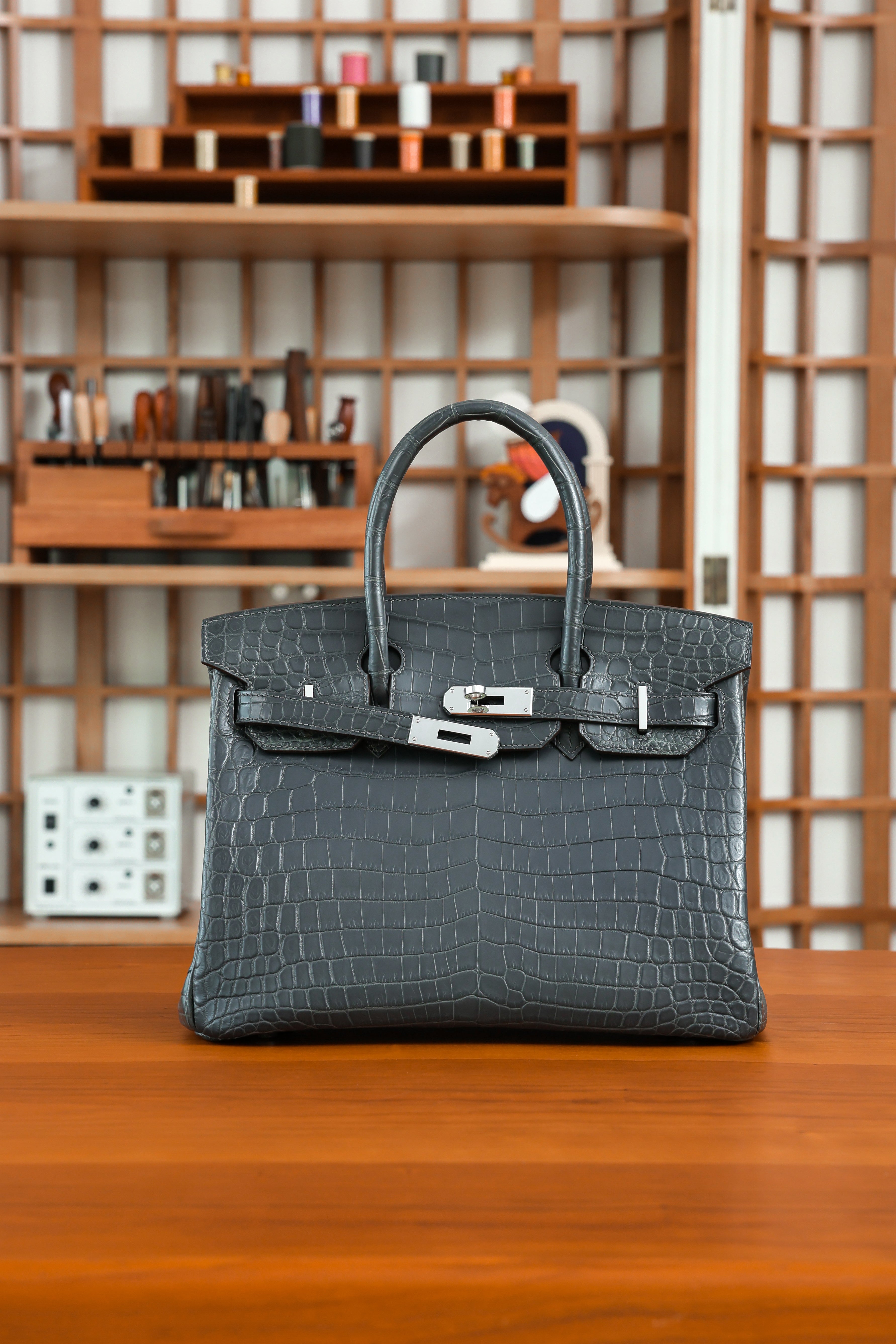 BK-2024 All Handmade Golden / Sliver Hardware Graphite Matte Nile crocodile leather