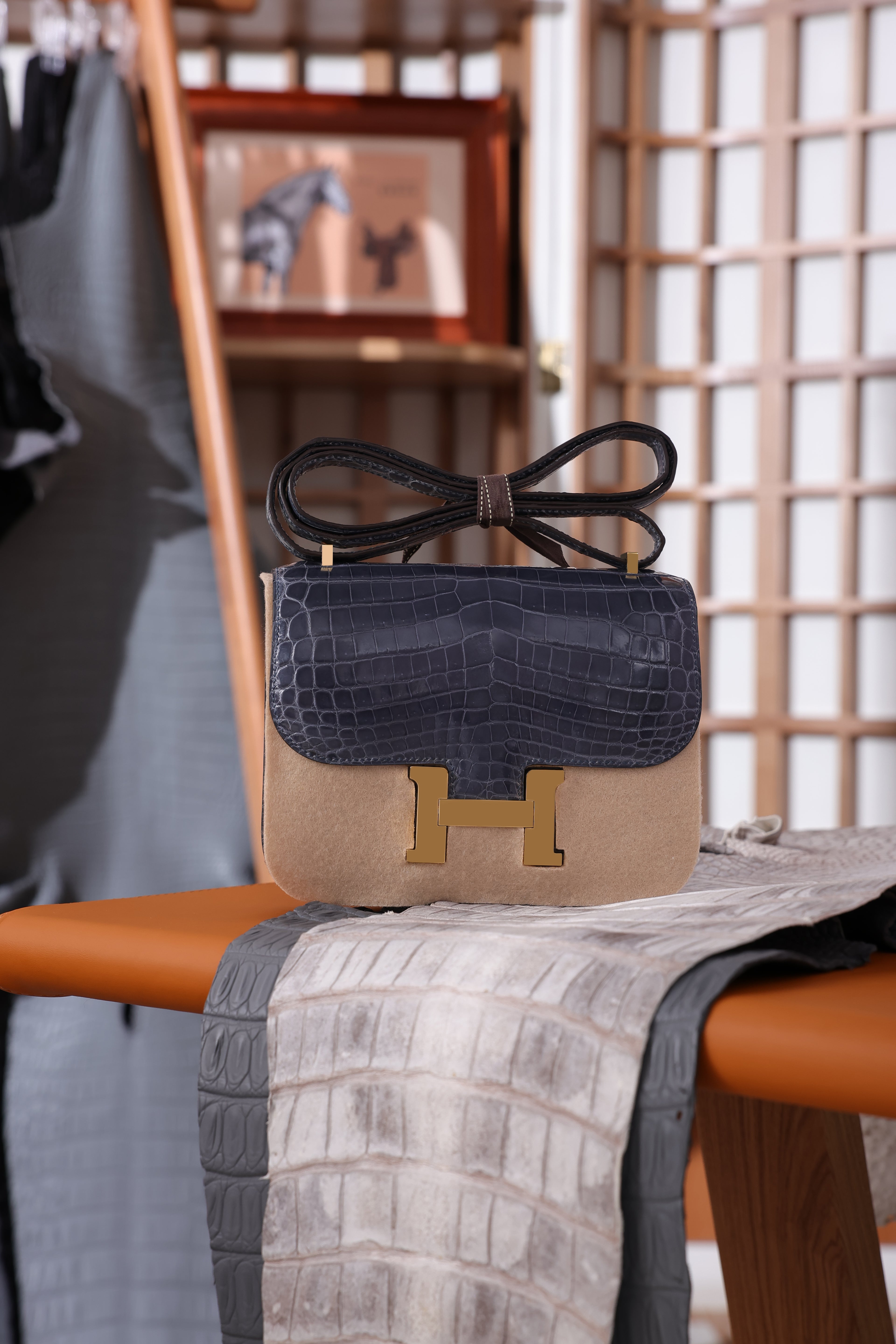 Constance- All Handmade Golden / Sliver Hardware Bleu Tempete Crocodile leather