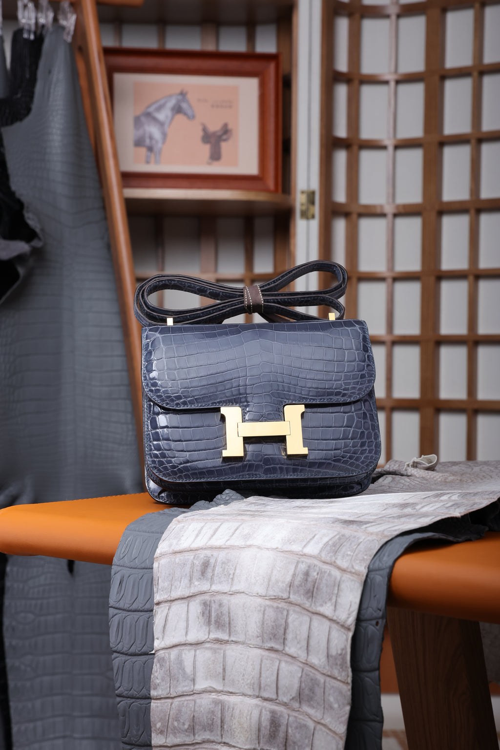 Constance- All Handmade Golden / Sliver Hardware Bleu Tempete Crocodile leather