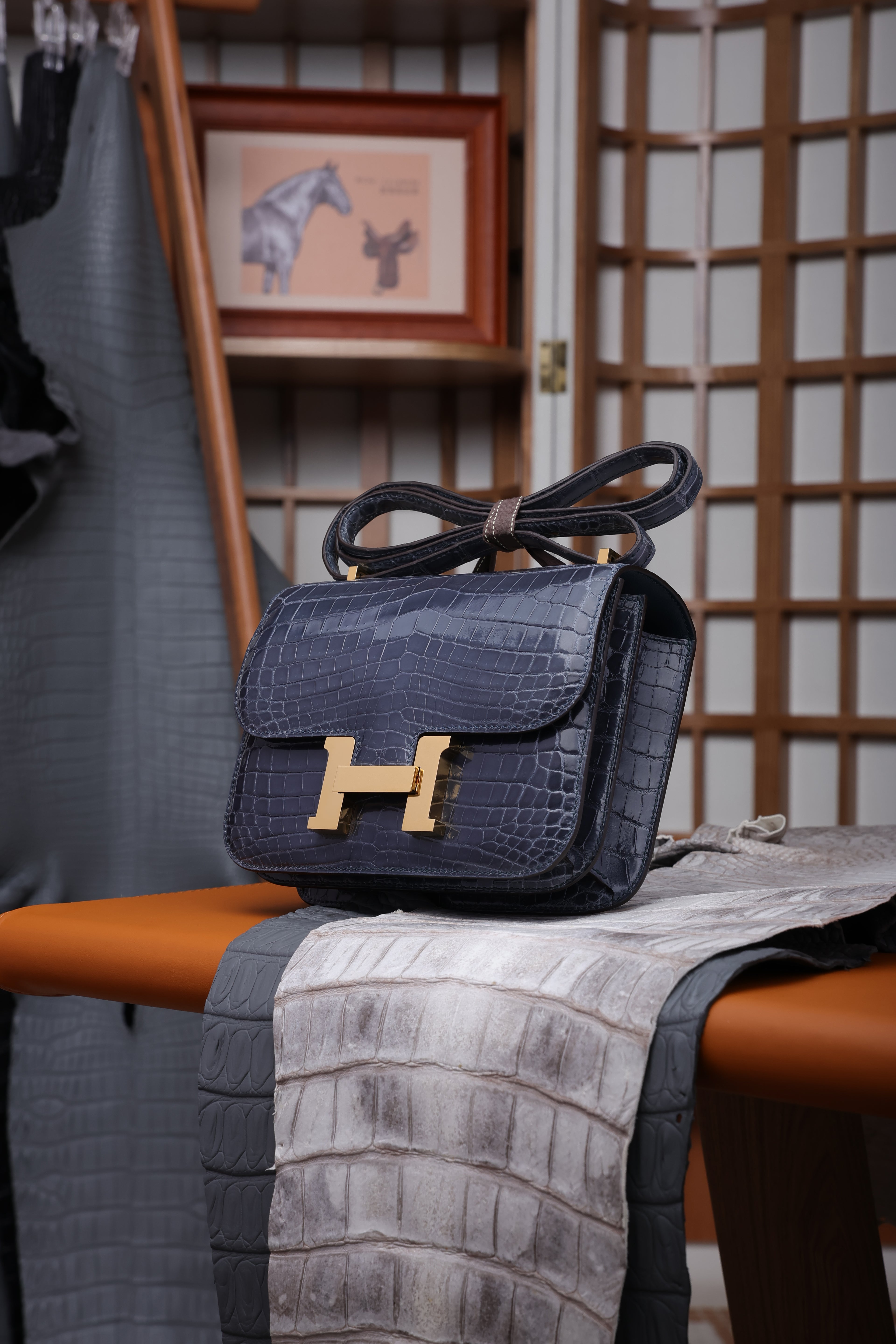 Constance- All Handmade Golden / Sliver Hardware Bleu Tempete Crocodile leather