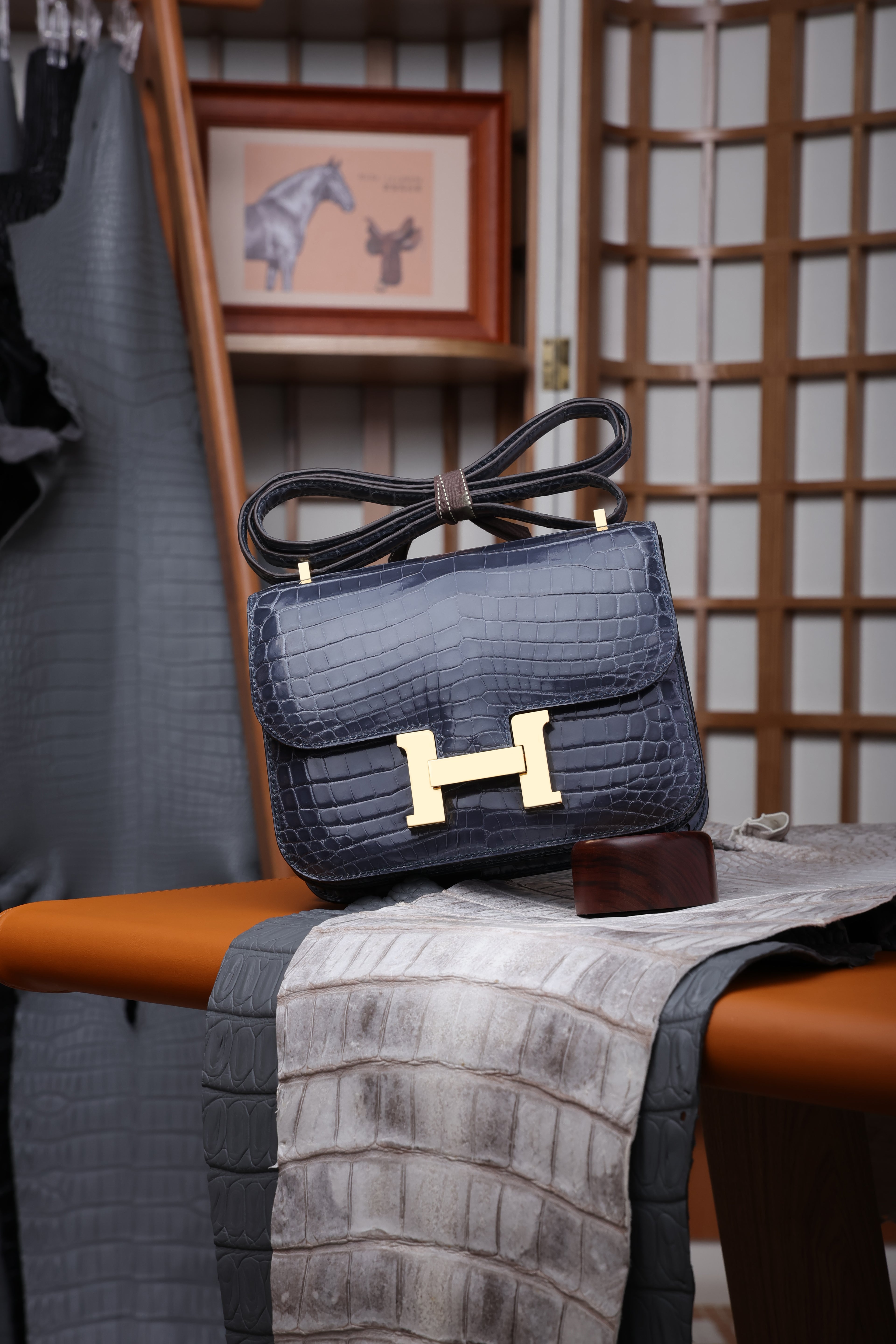 Constance- All Handmade Golden / Sliver Hardware Bleu Tempete Crocodile leather