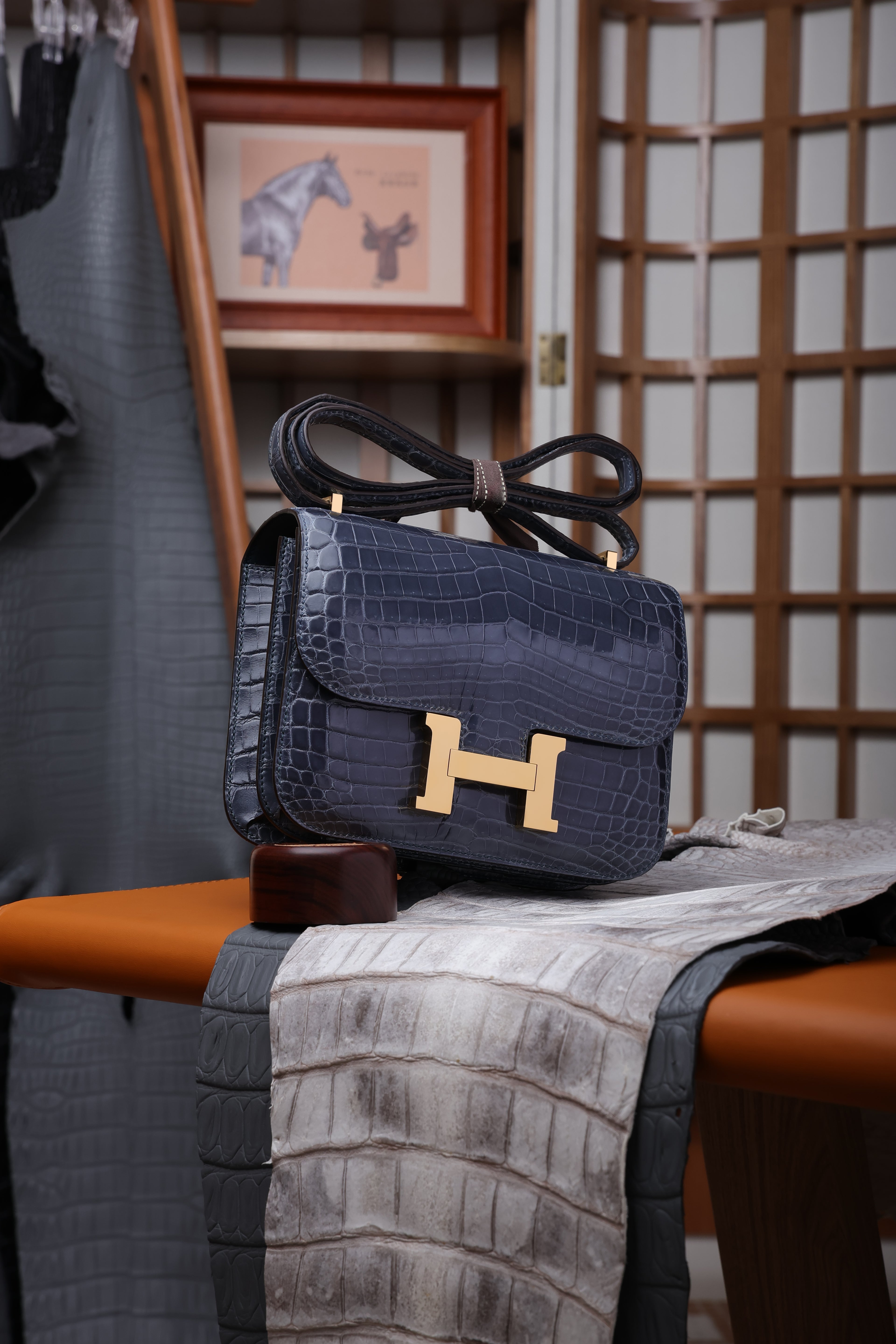 Constance- All Handmade Golden / Sliver Hardware Bleu Tempete Crocodile leather