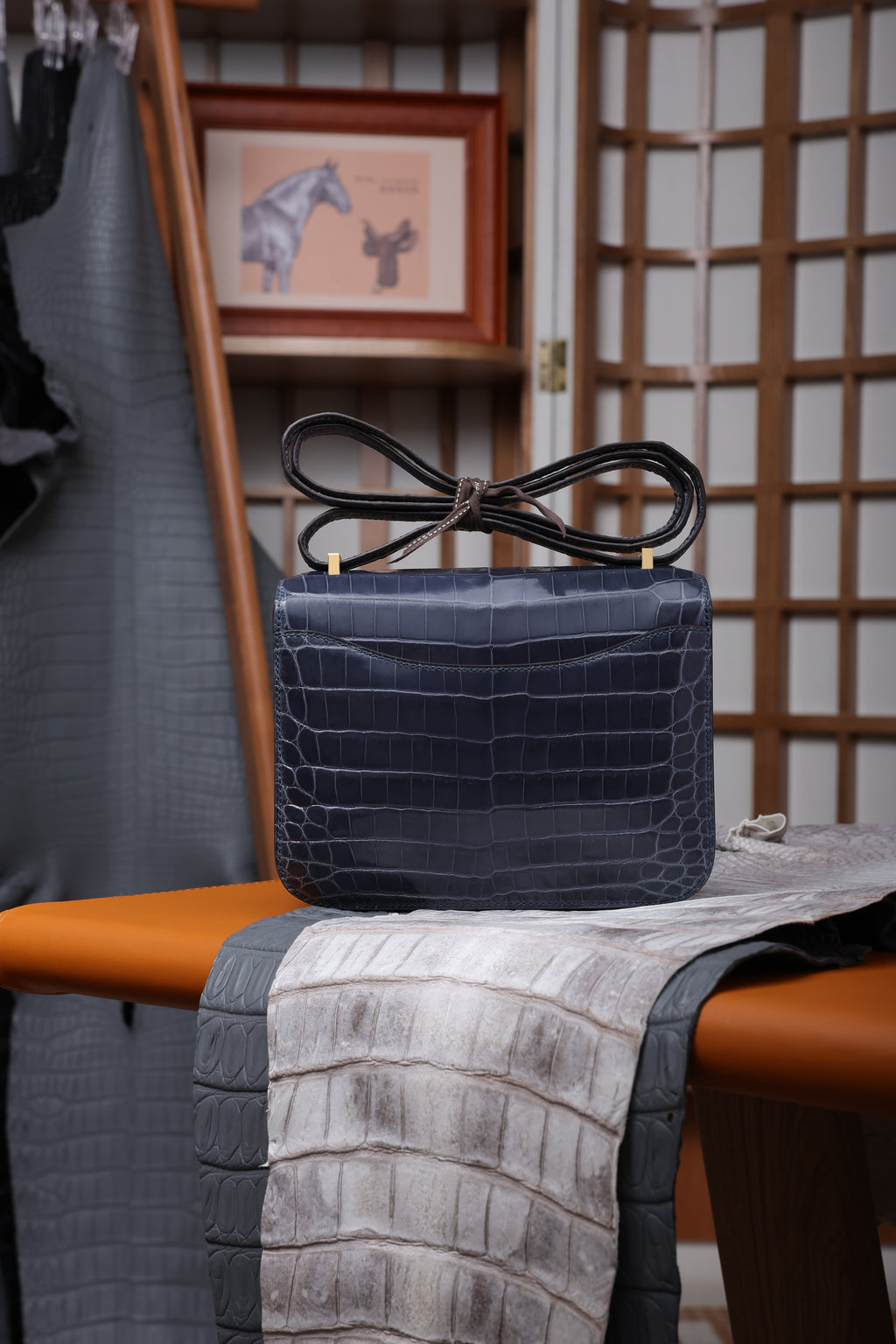 Constance- All Handmade Golden / Sliver Hardware Bleu Tempete Crocodile leather