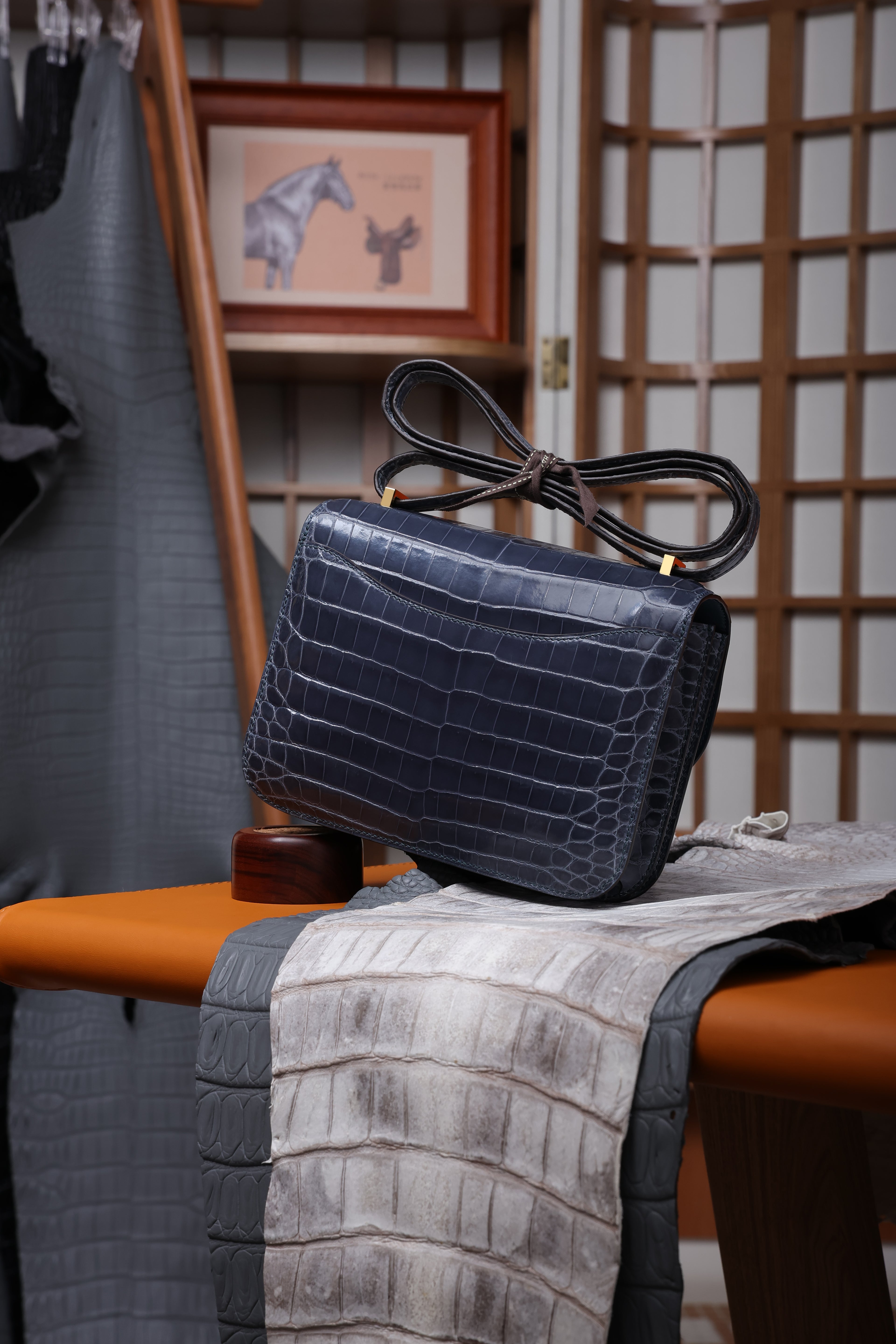 Constance- All Handmade Golden / Sliver Hardware Bleu Tempete Crocodile leather