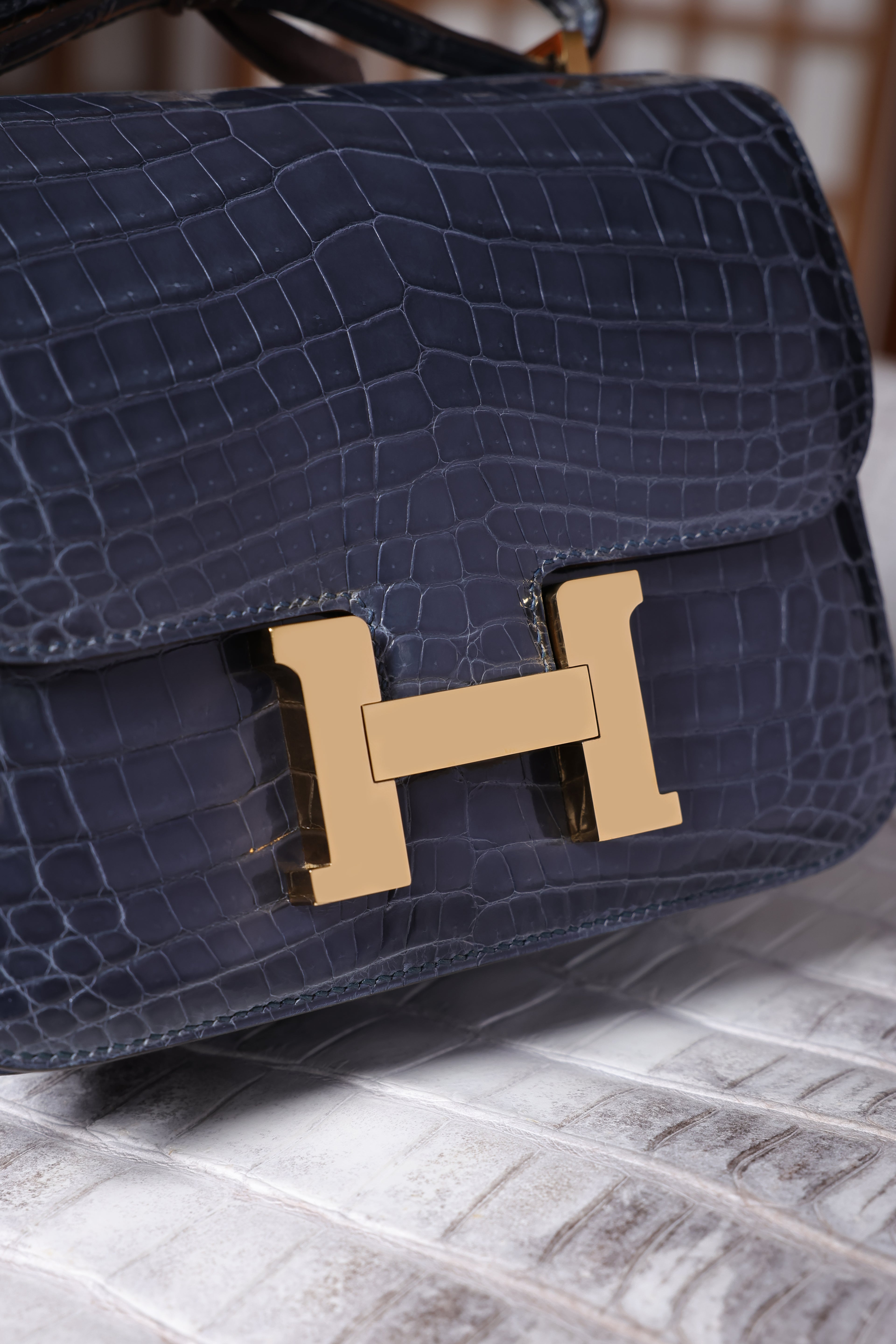 Constance- All Handmade Golden / Sliver Hardware Bleu Tempete Crocodile leather