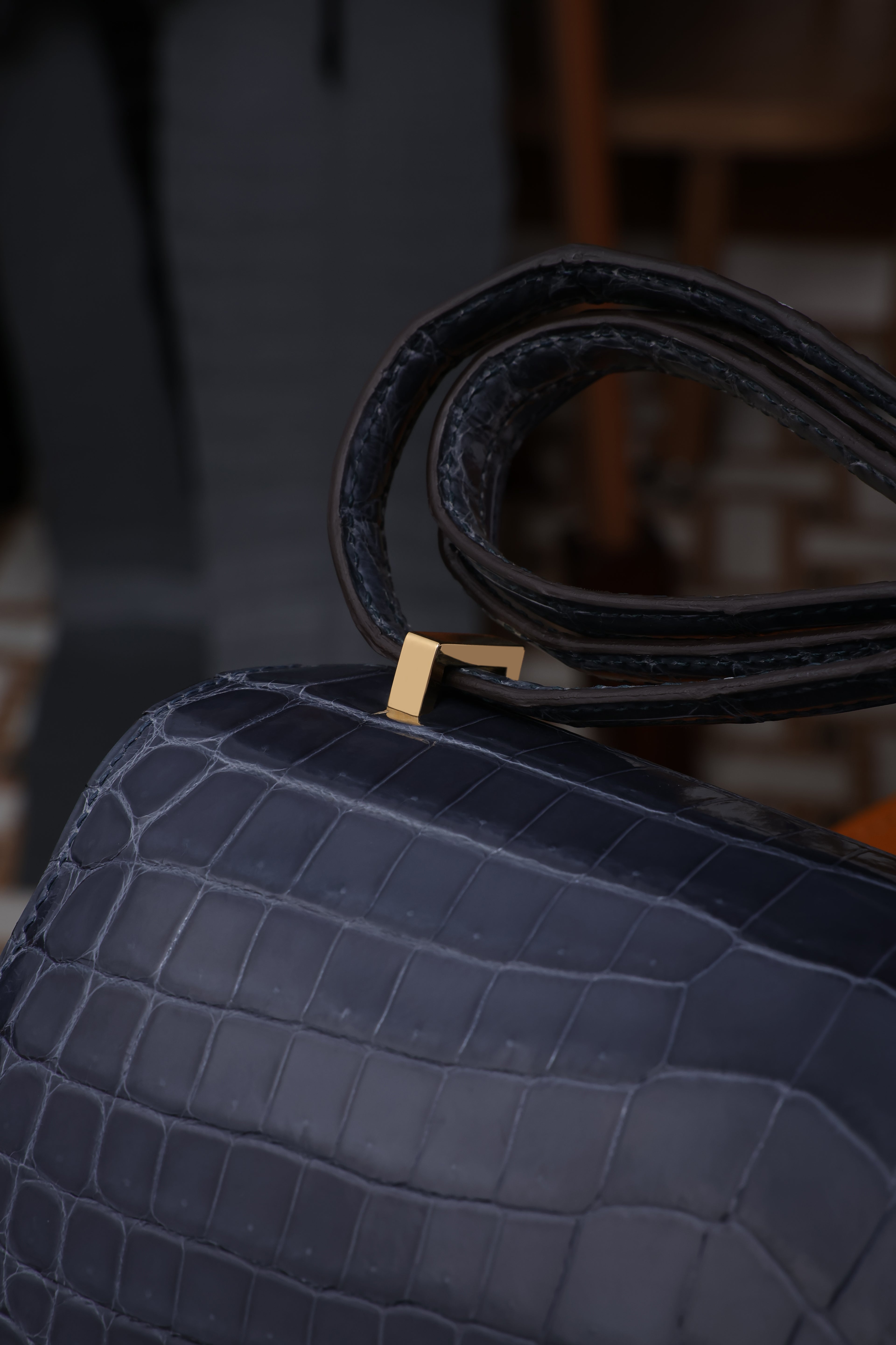 Constance- All Handmade Golden / Sliver Hardware Bleu Tempete Crocodile leather