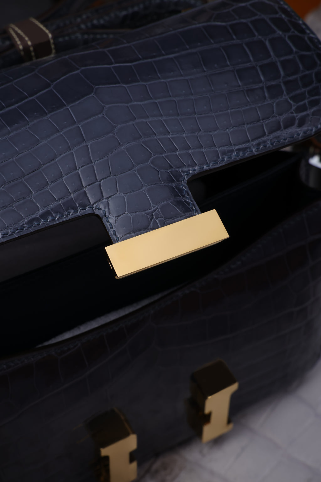 Constance- All Handmade Golden / Sliver Hardware Bleu Tempete Crocodile leather