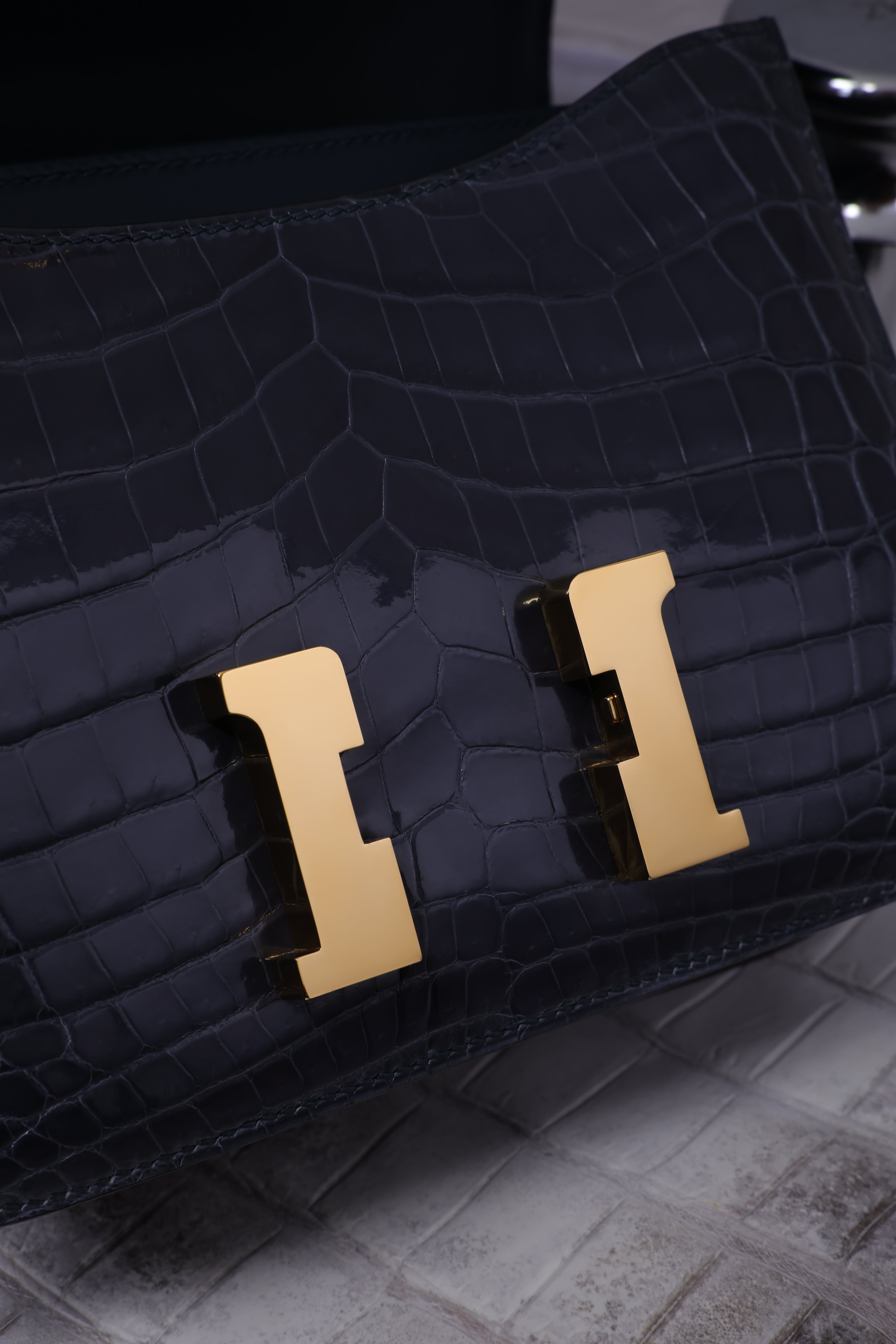 Constance- All Handmade Golden / Sliver Hardware Bleu Tempete Crocodile leather