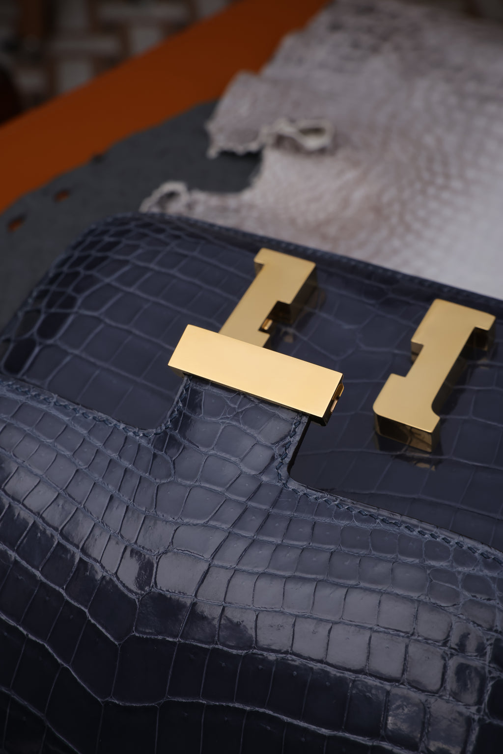 Constance- All Handmade Golden / Sliver Hardware Bleu Tempete Crocodile leather