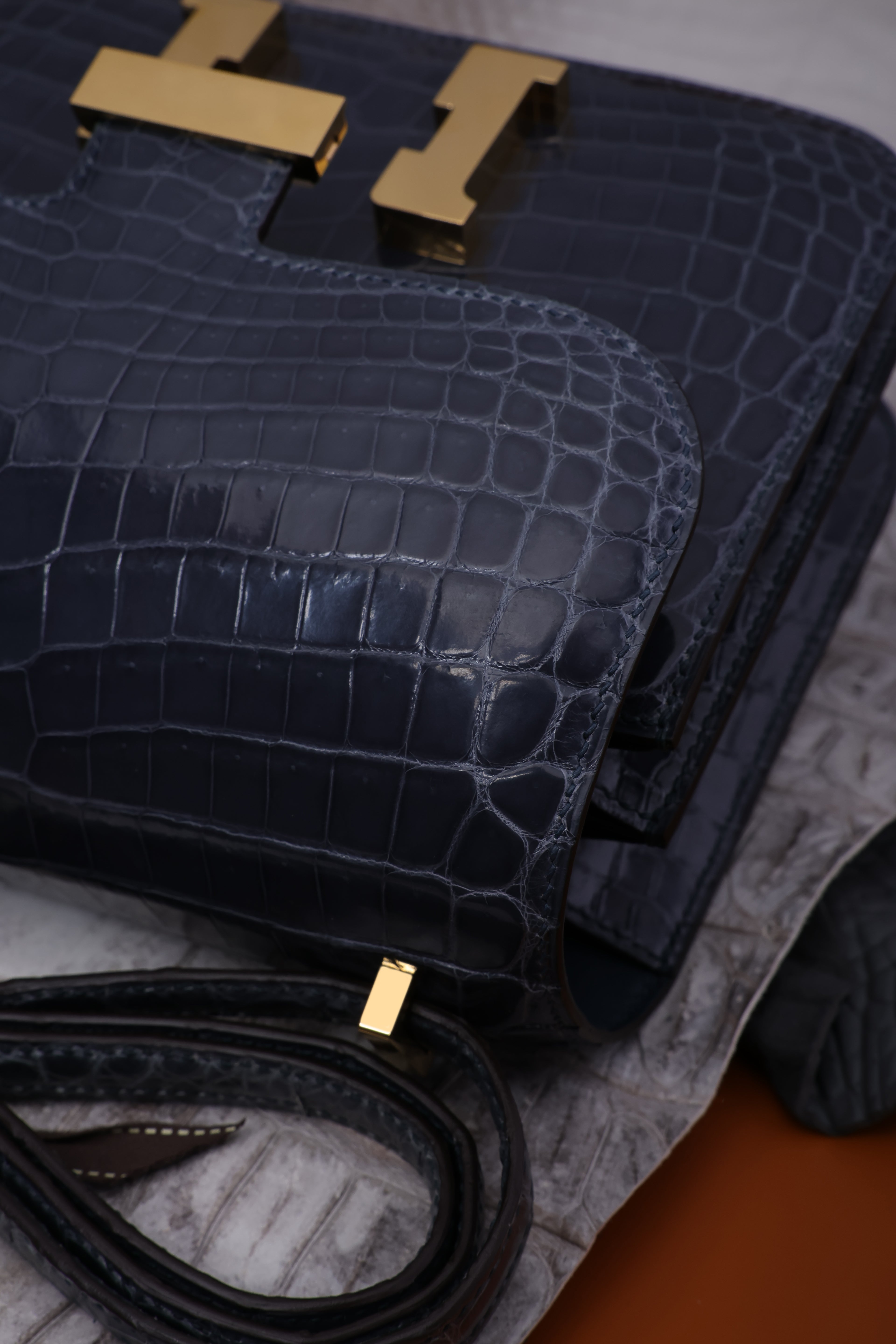 Constance- All Handmade Golden / Sliver Hardware Bleu Tempete Crocodile leather