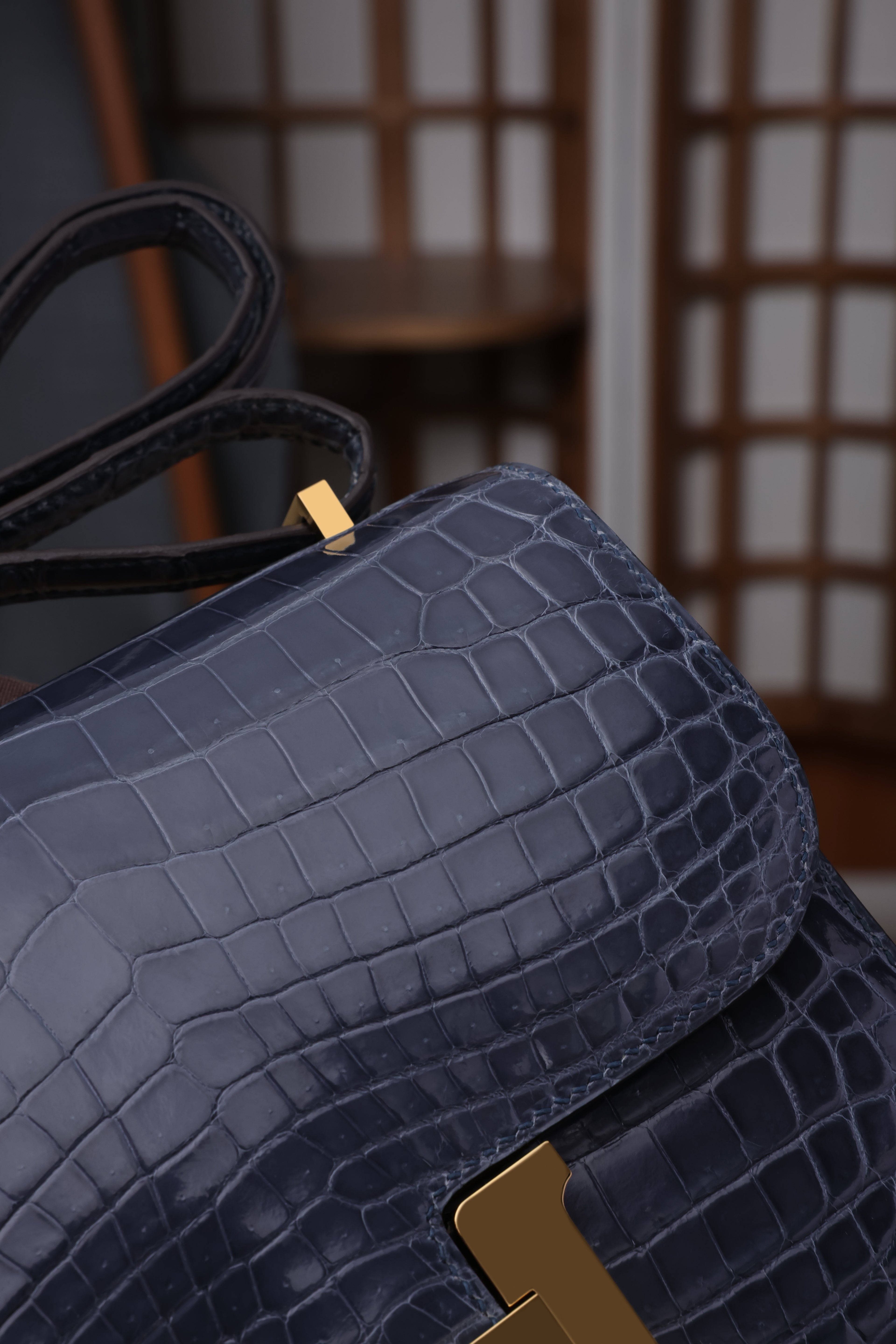 Constance- All Handmade Golden / Sliver Hardware Bleu Tempete Crocodile leather