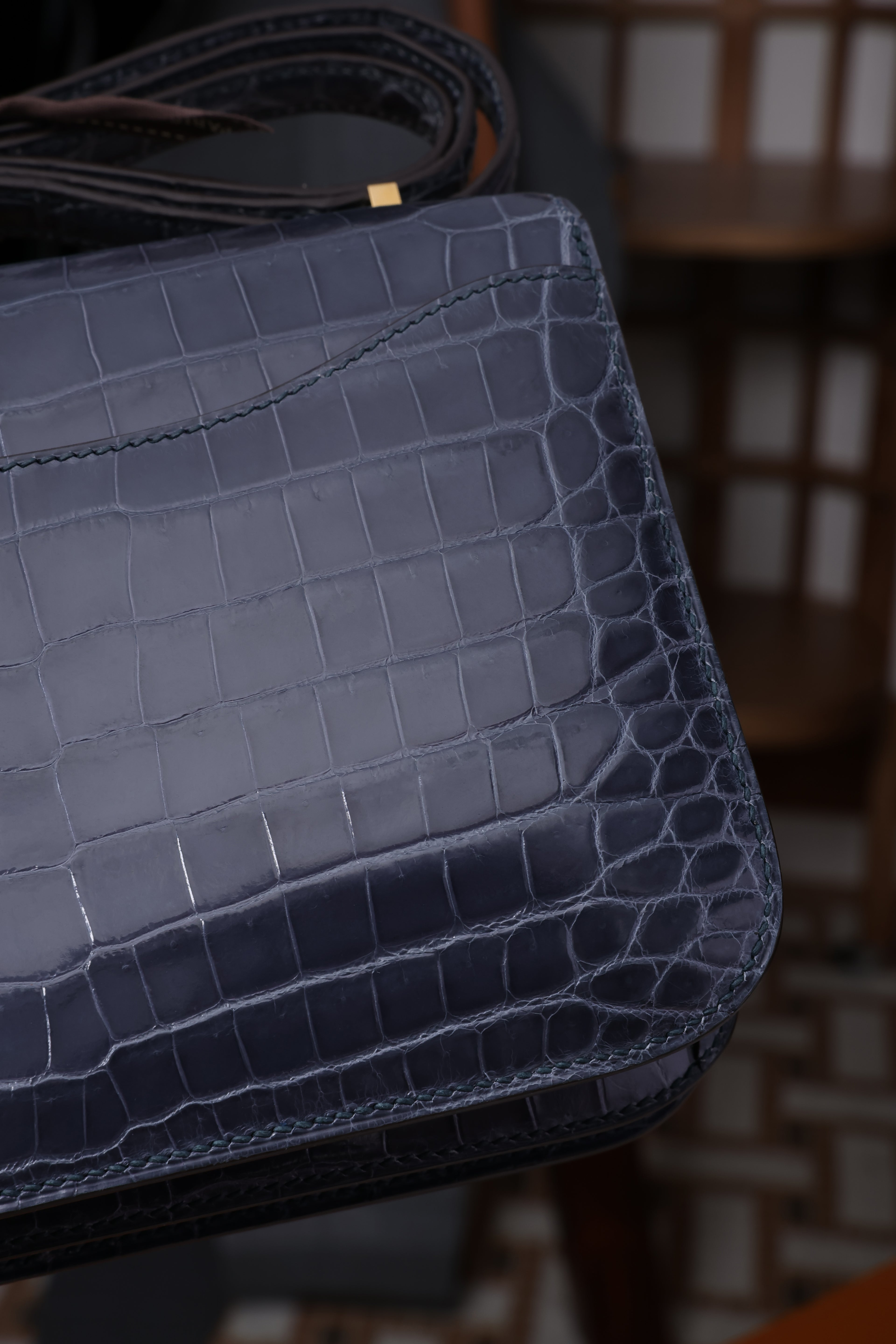 Constance- All Handmade Golden / Sliver Hardware Bleu Tempete Crocodile leather