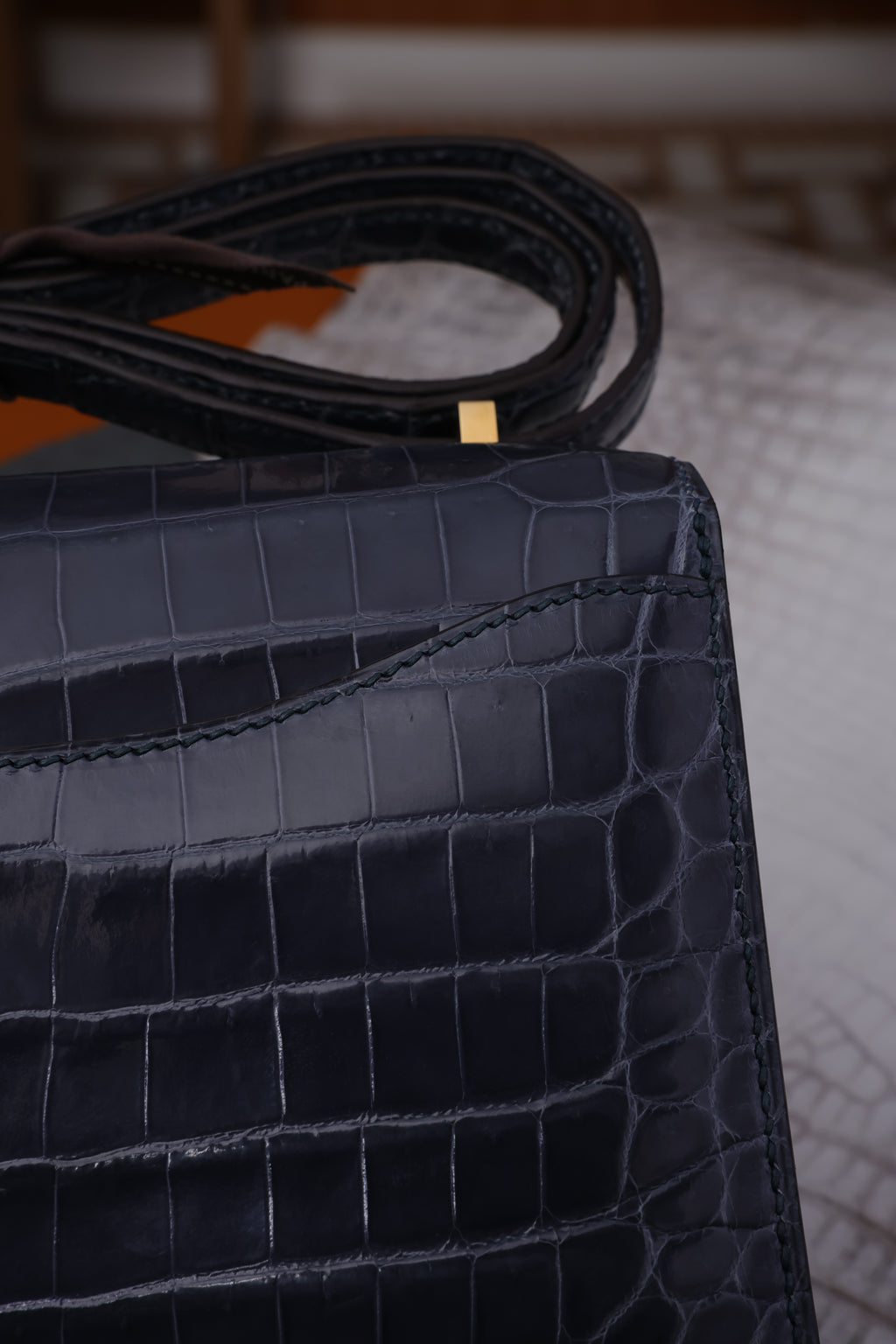 Constance- All Handmade Golden / Sliver Hardware Bleu Tempete Crocodile leather