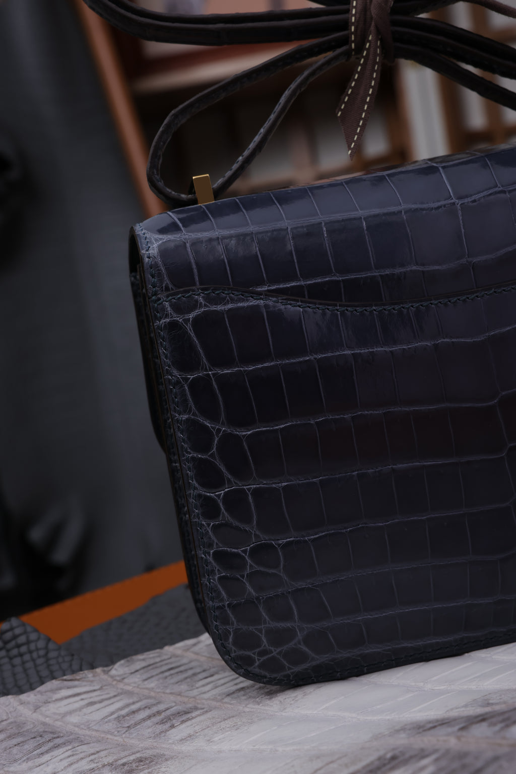 Constance- All Handmade Golden / Sliver Hardware Bleu Tempete Crocodile leather