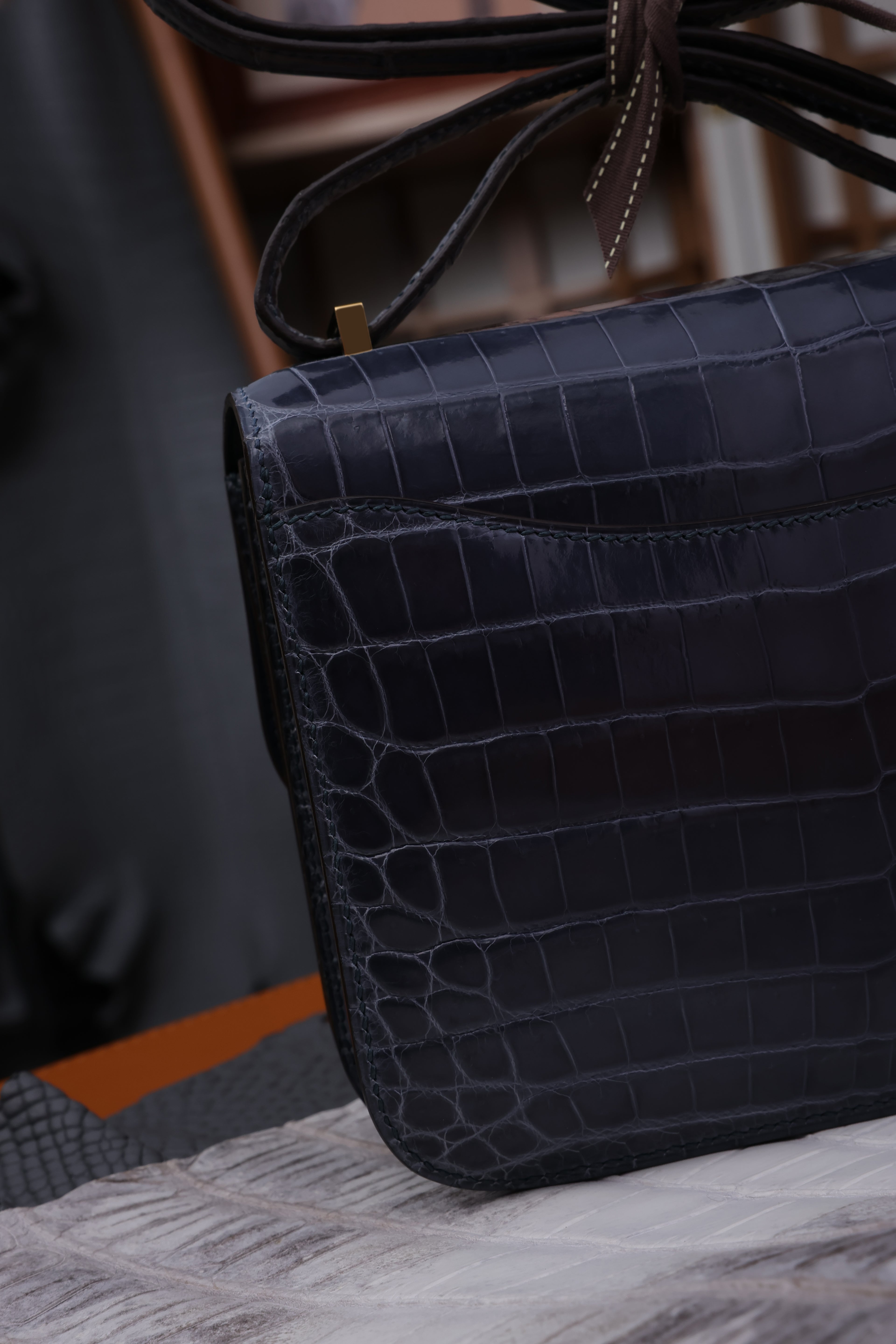 Constance- All Handmade Golden / Sliver Hardware Bleu Tempete Crocodile leather