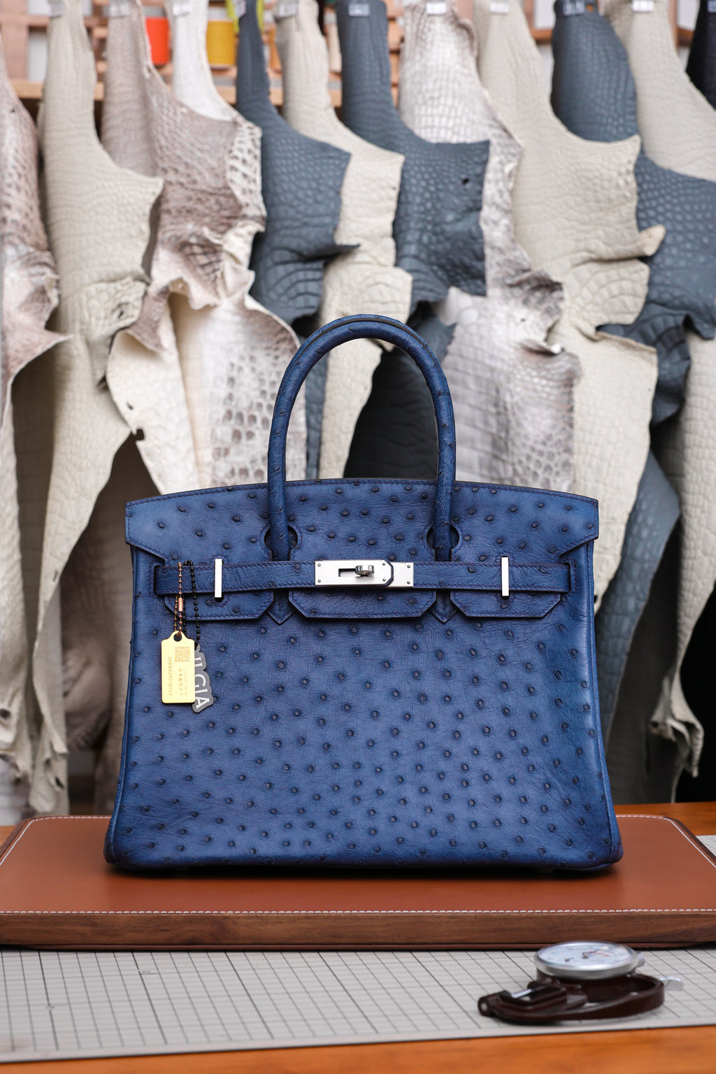 Birkin- All Handmade Golden / Sliver  Bieu Iris Ostrich leather