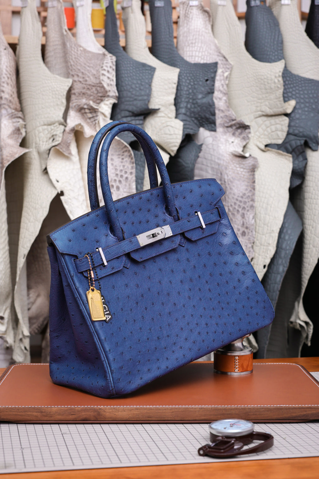 Birkin- All Handmade Golden / Sliver  Bieu Iris Ostrich leather