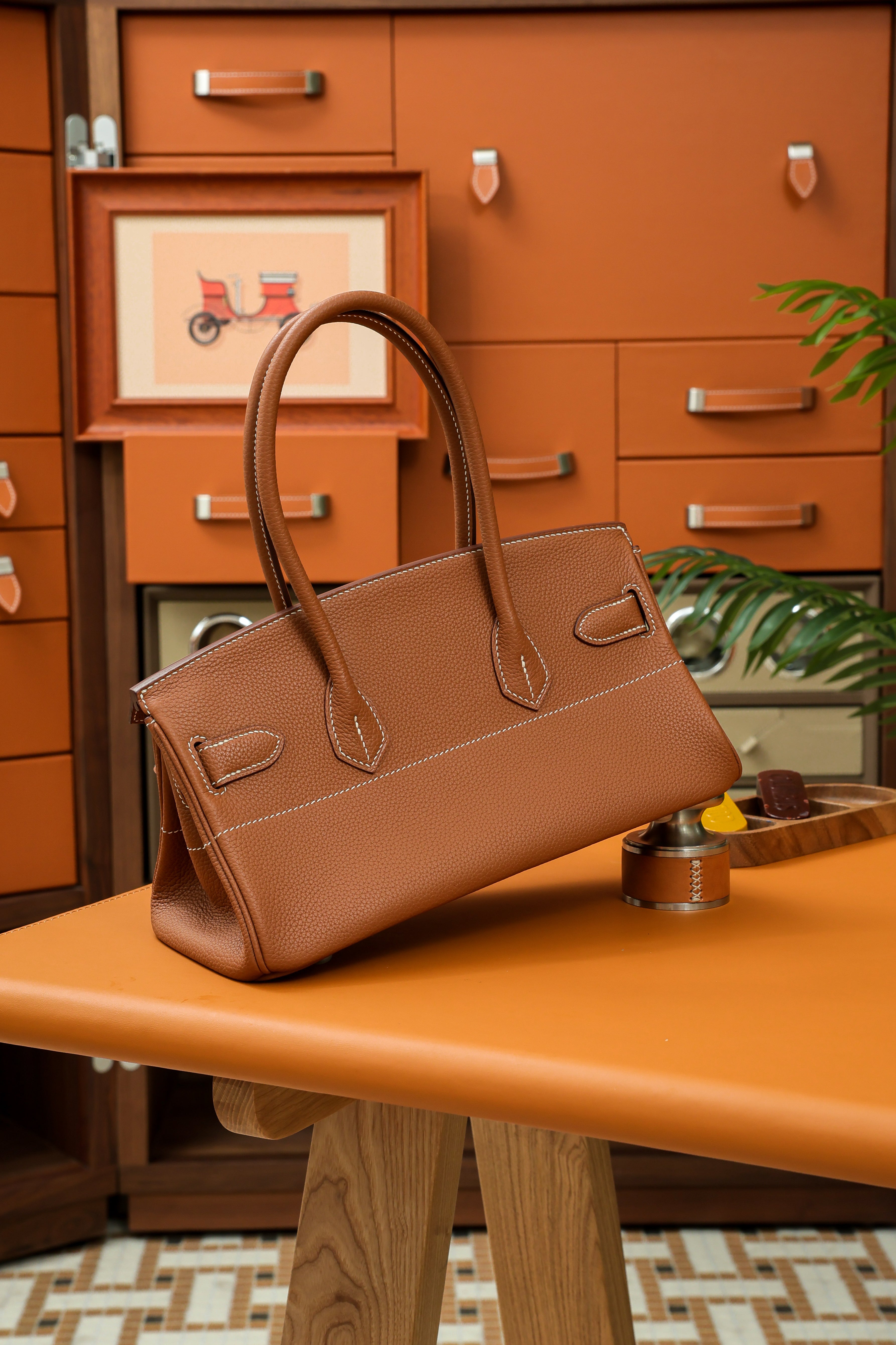 Birkin Shoulder- All Handmade Golden / Sliver Golden brown togo leather