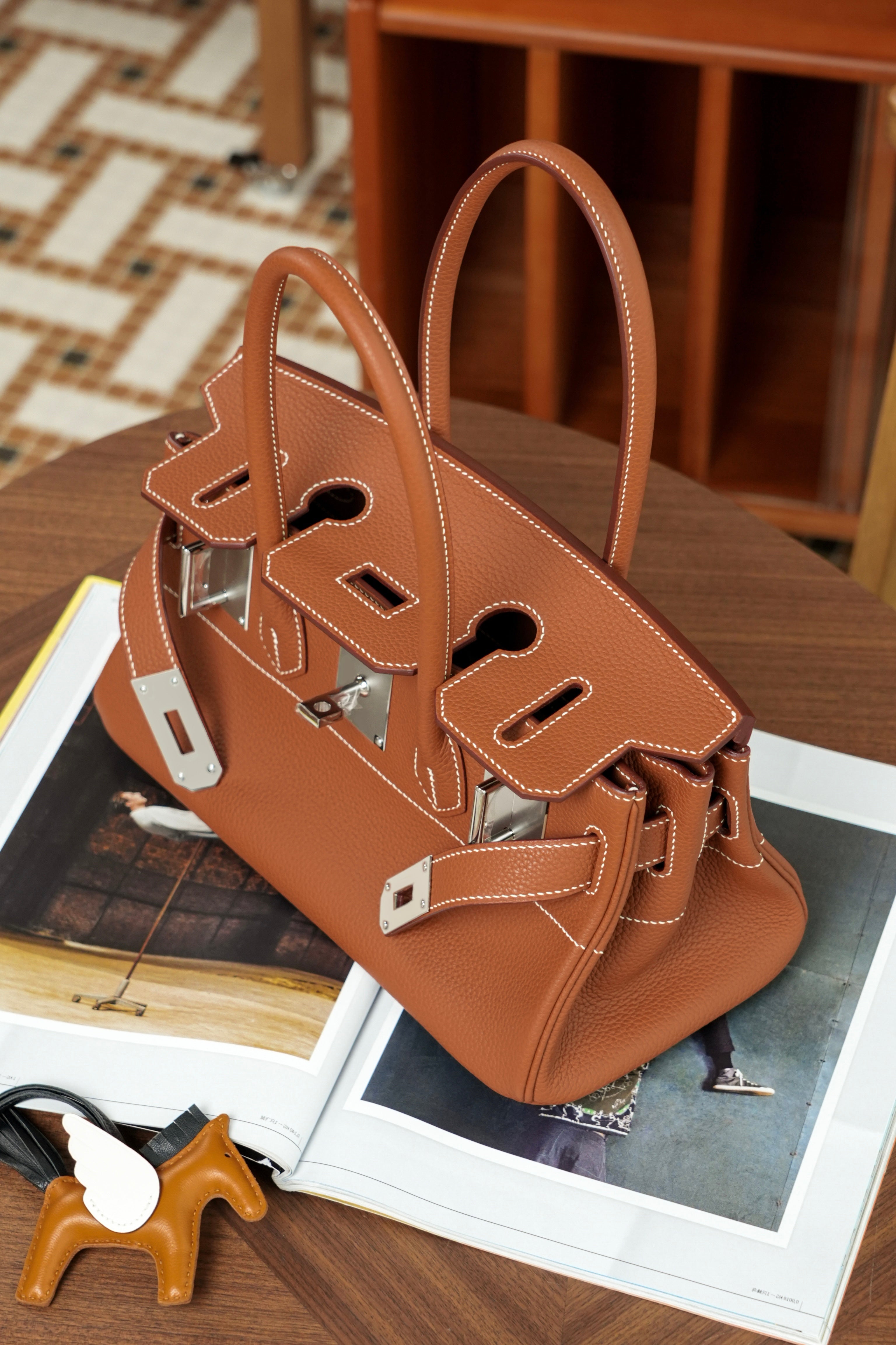 Birkin Shoulder- All Handmade Golden / Sliver Golden brown togo leather