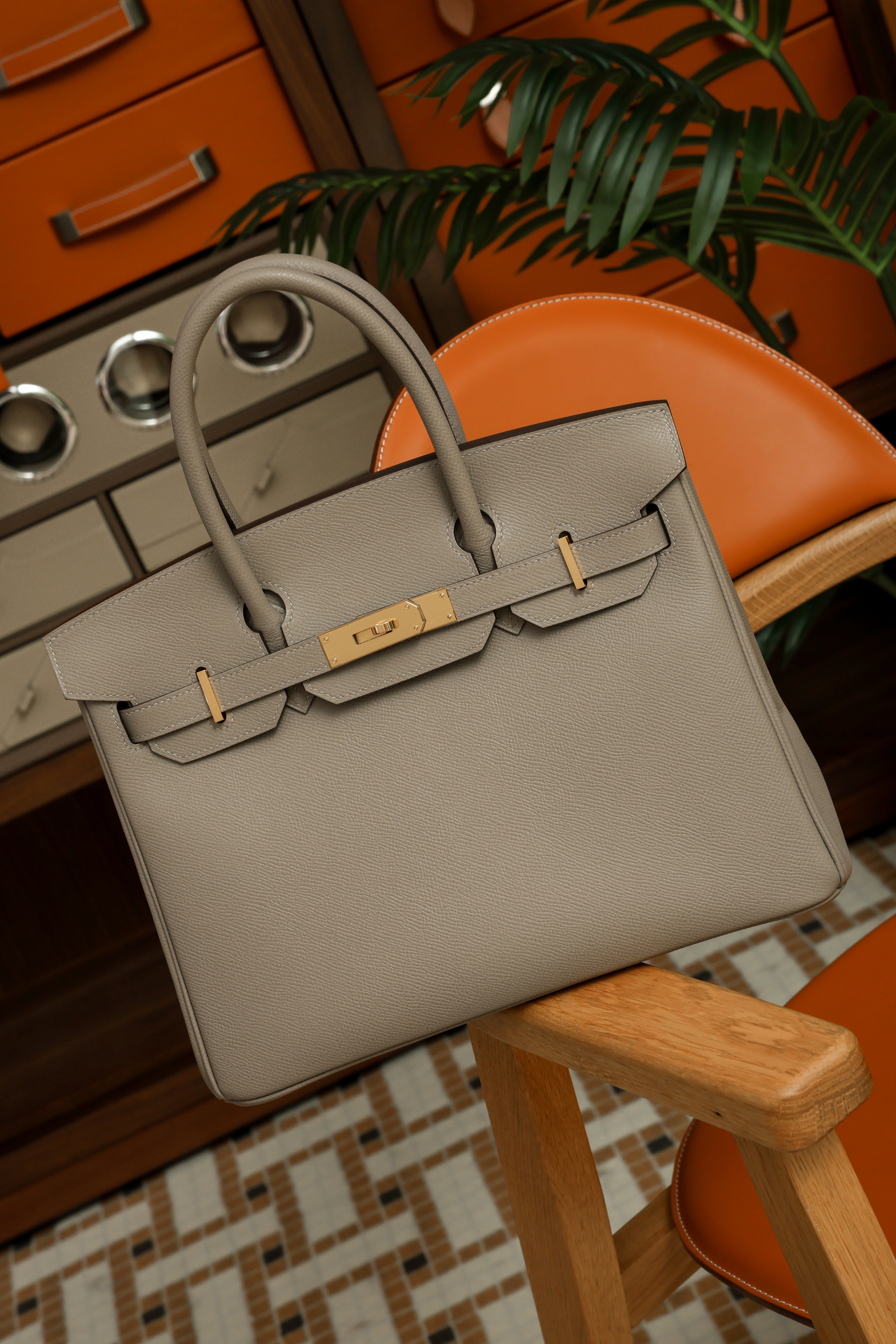 Birkin- All Handmade Golden / Sliver Gris Tourterelle  siwif leather