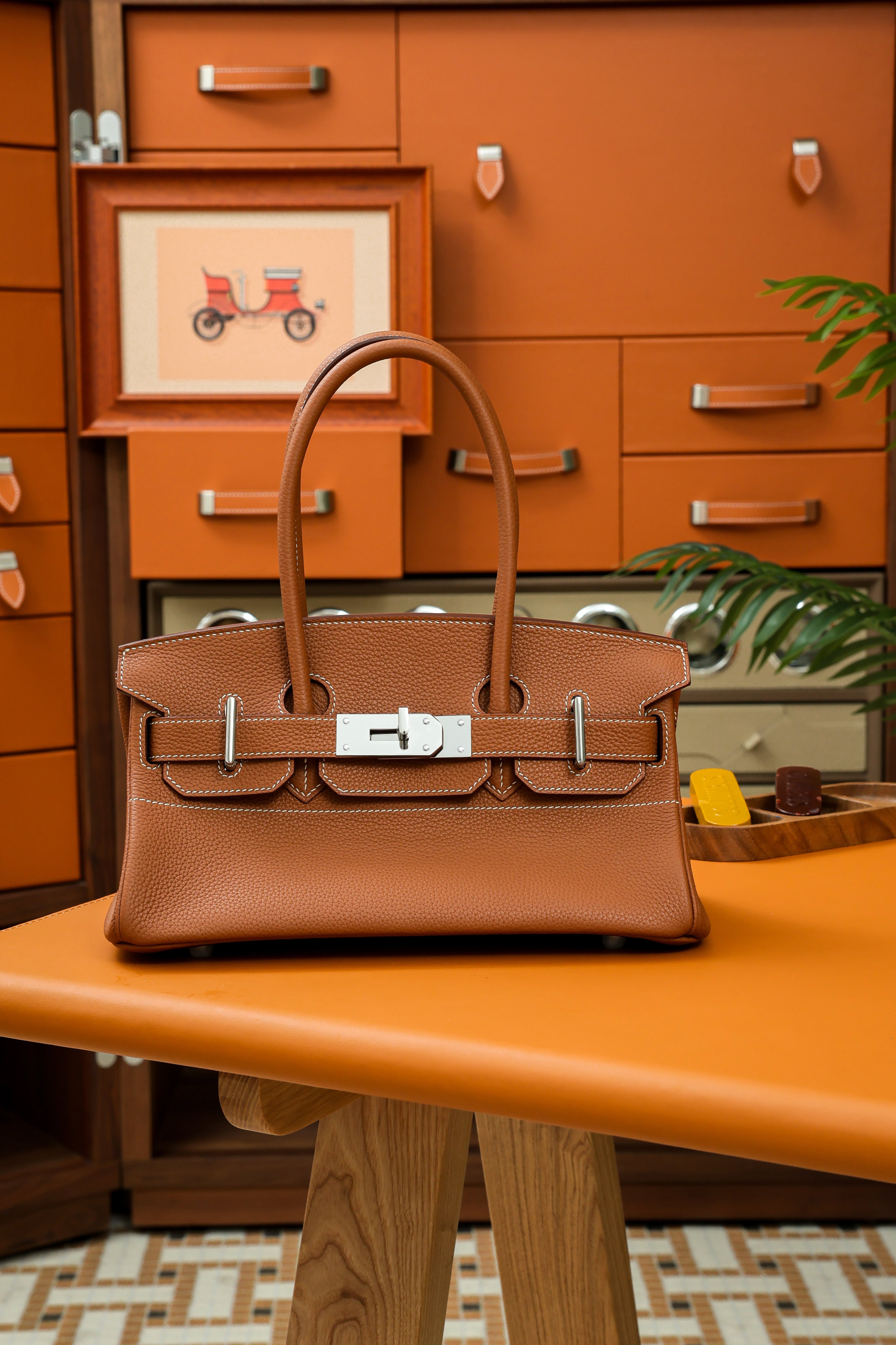 Birkin Shoulder- All Handmade Golden / Sliver Golden brown togo leather