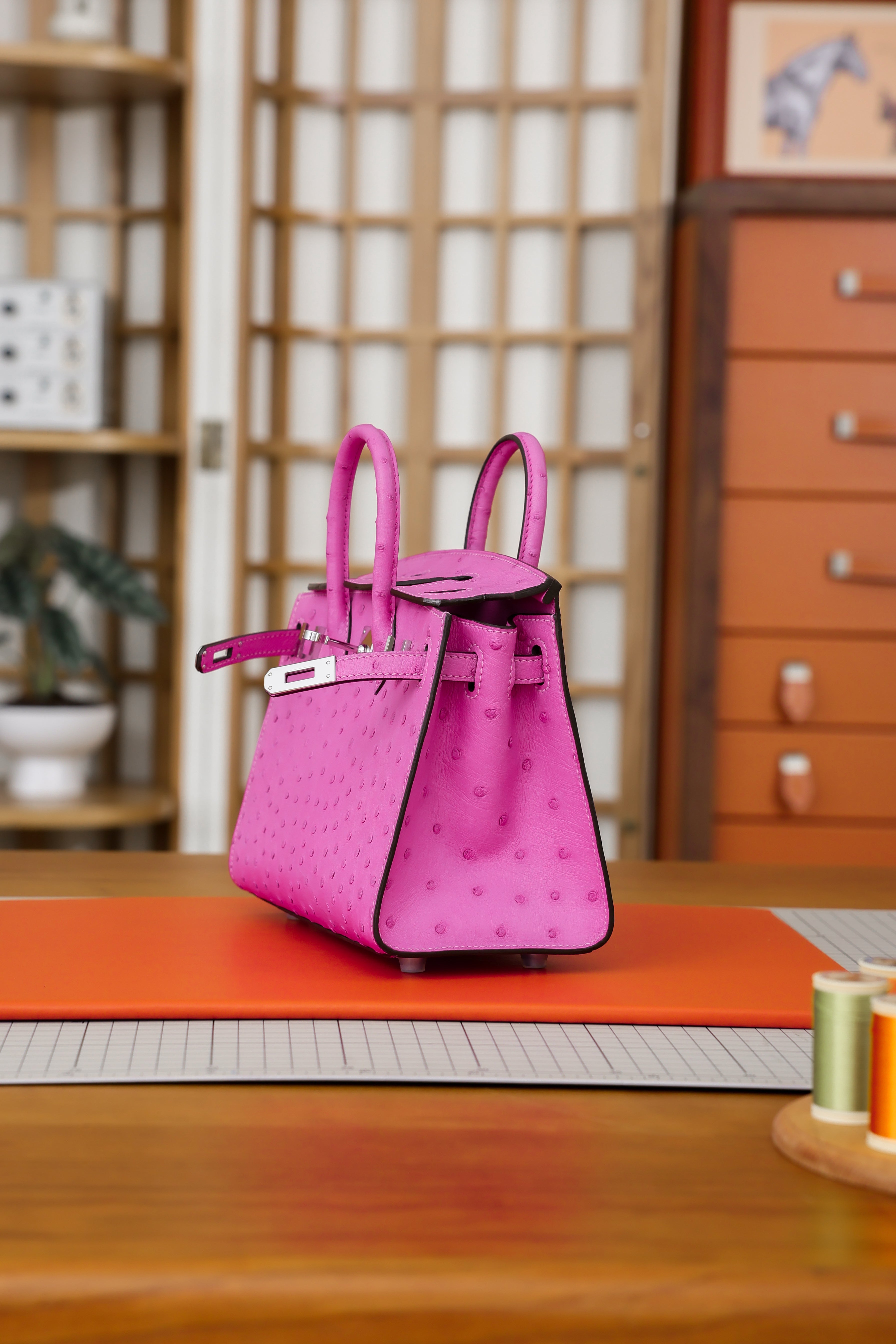 Birkin- All Handmade Golden / Sliver Peach pink  Ostrich leather