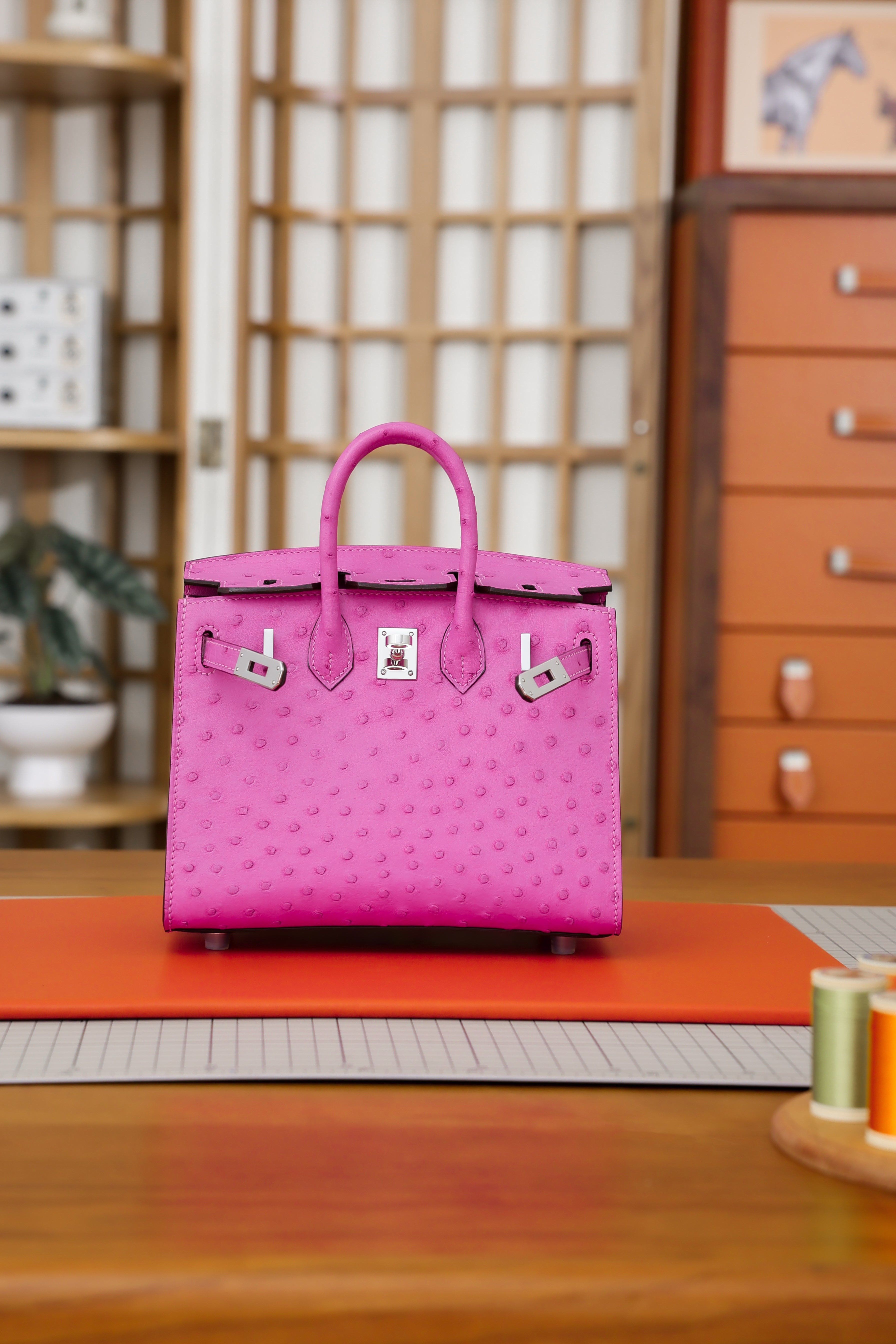 Birkin- All Handmade Golden / Sliver Peach pink  Ostrich leather