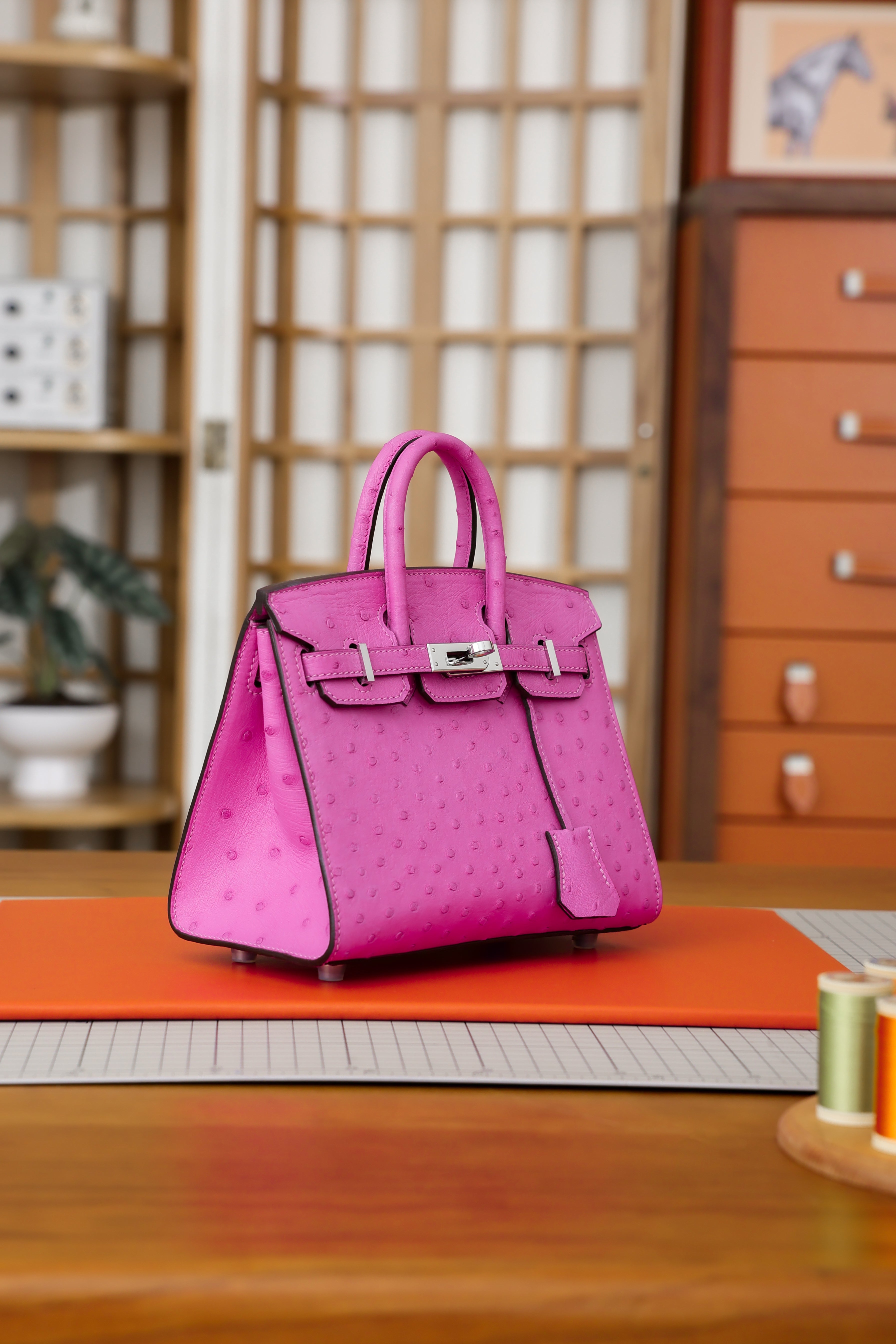 BK-2024 All Handmade Golden / Sliver Hardware Rouge Saumon Ostrich leather