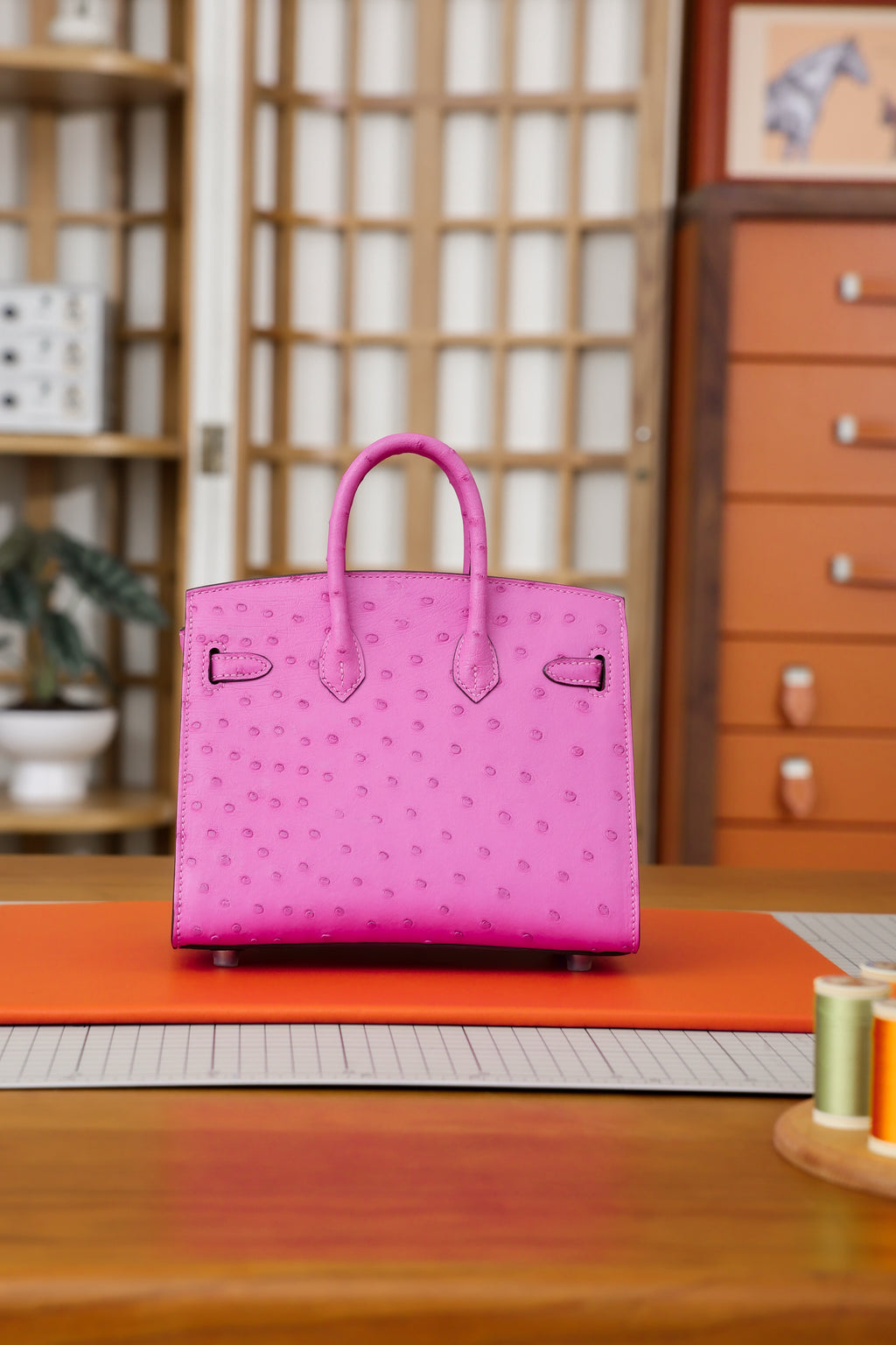 Birkin- All Handmade Golden / Sliver Peach pink  Ostrich leather