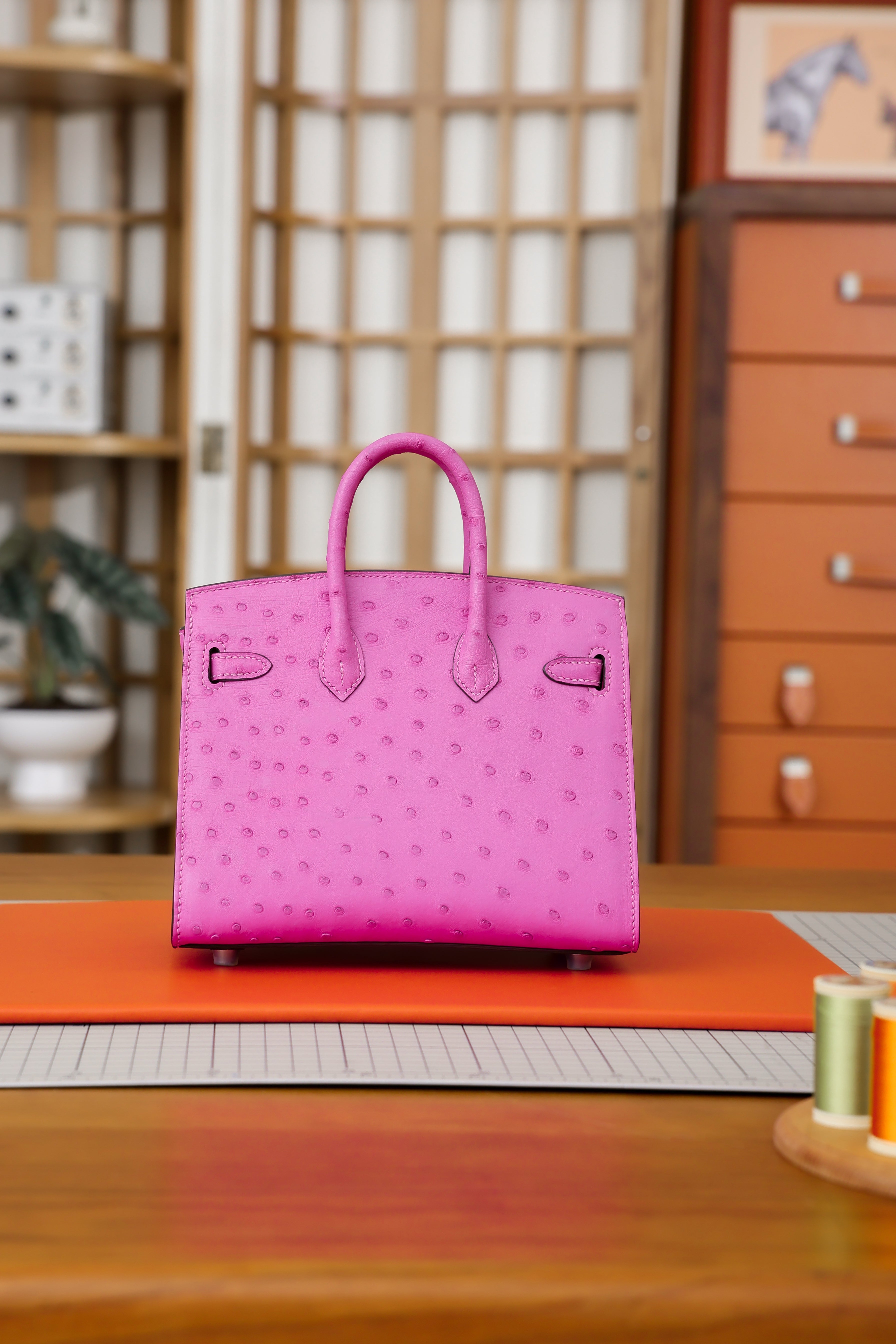 Birkin- All Handmade Golden / Sliver Peach pink  Ostrich leather