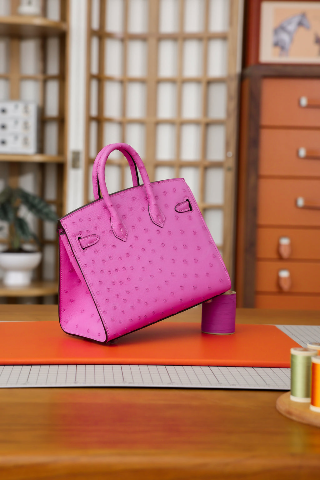 Birkin- All Handmade Golden / Sliver Peach pink  Ostrich leather