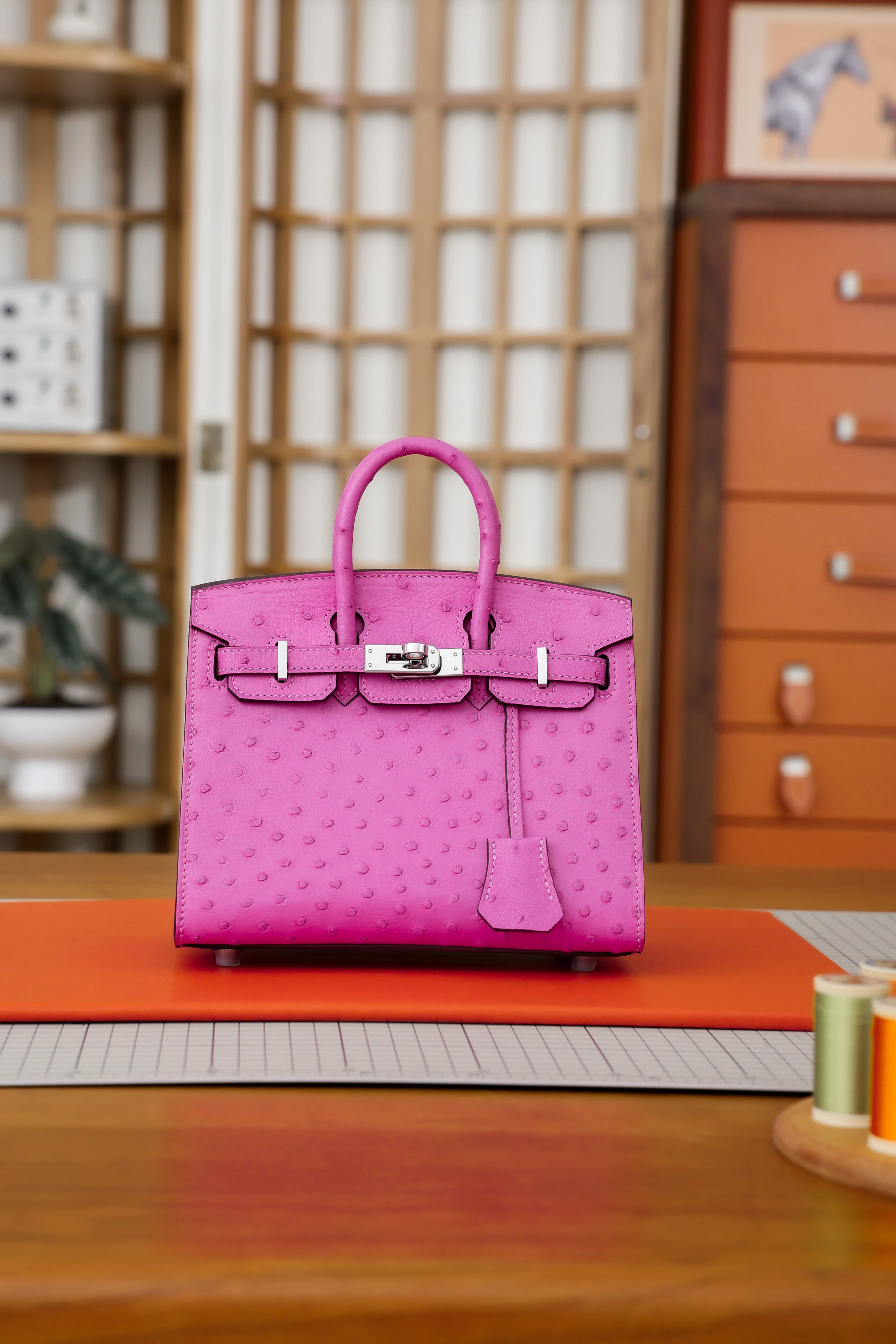 Birkin- All Handmade Golden / Sliver Peach pink  Ostrich leather