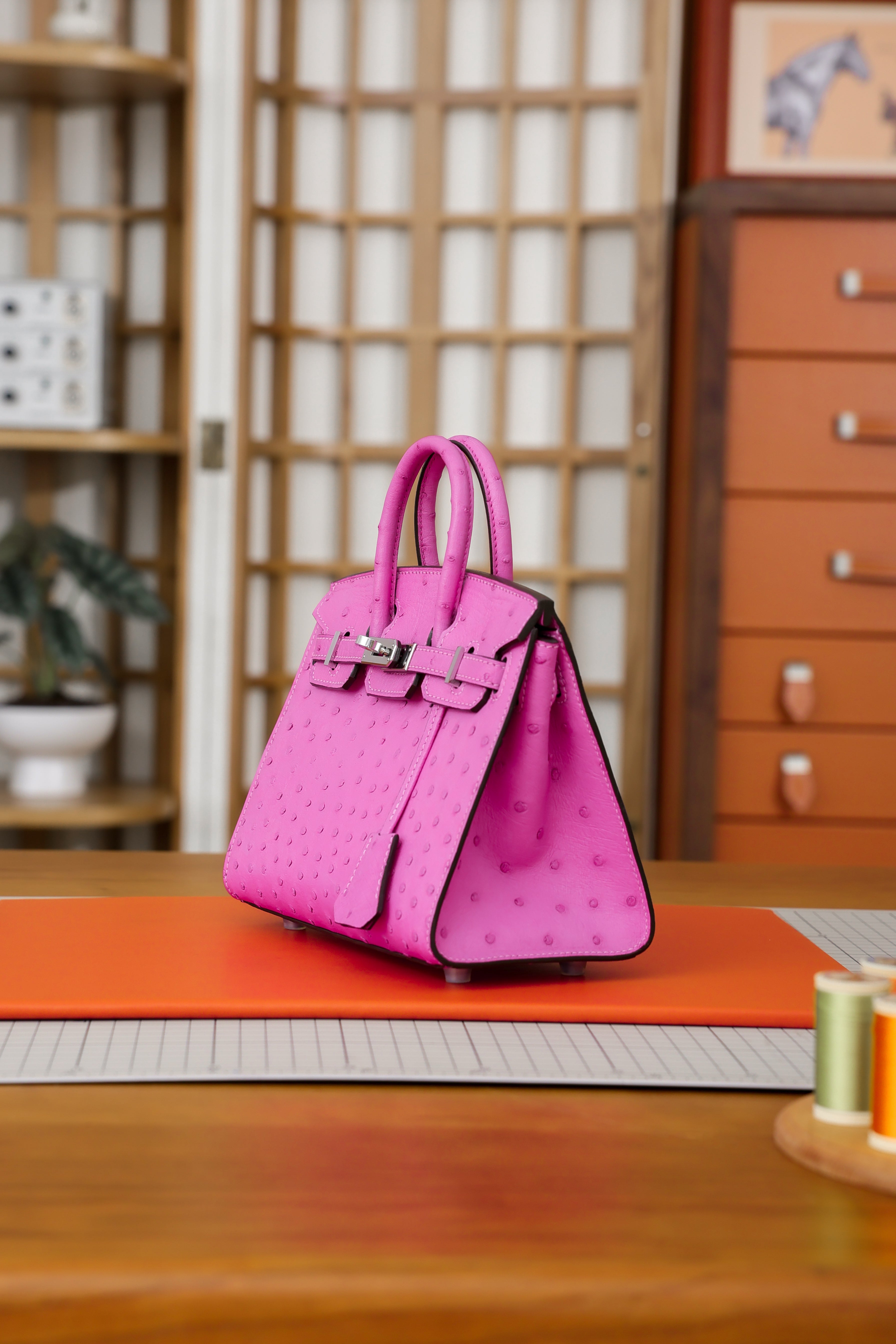 BK-2024 All Handmade Golden / Sliver Hardware Rouge Saumon Ostrich leather