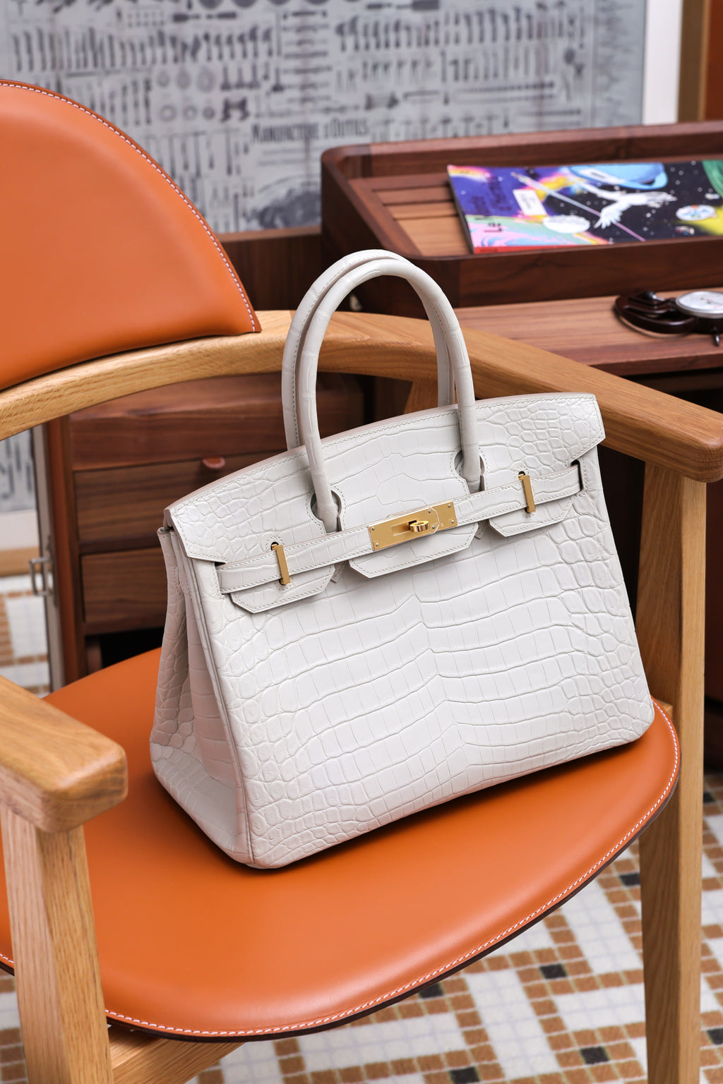 BK-2024 All Handmade Golden / Sliver Hardware Blanc  Matte Nile crocodile leather
