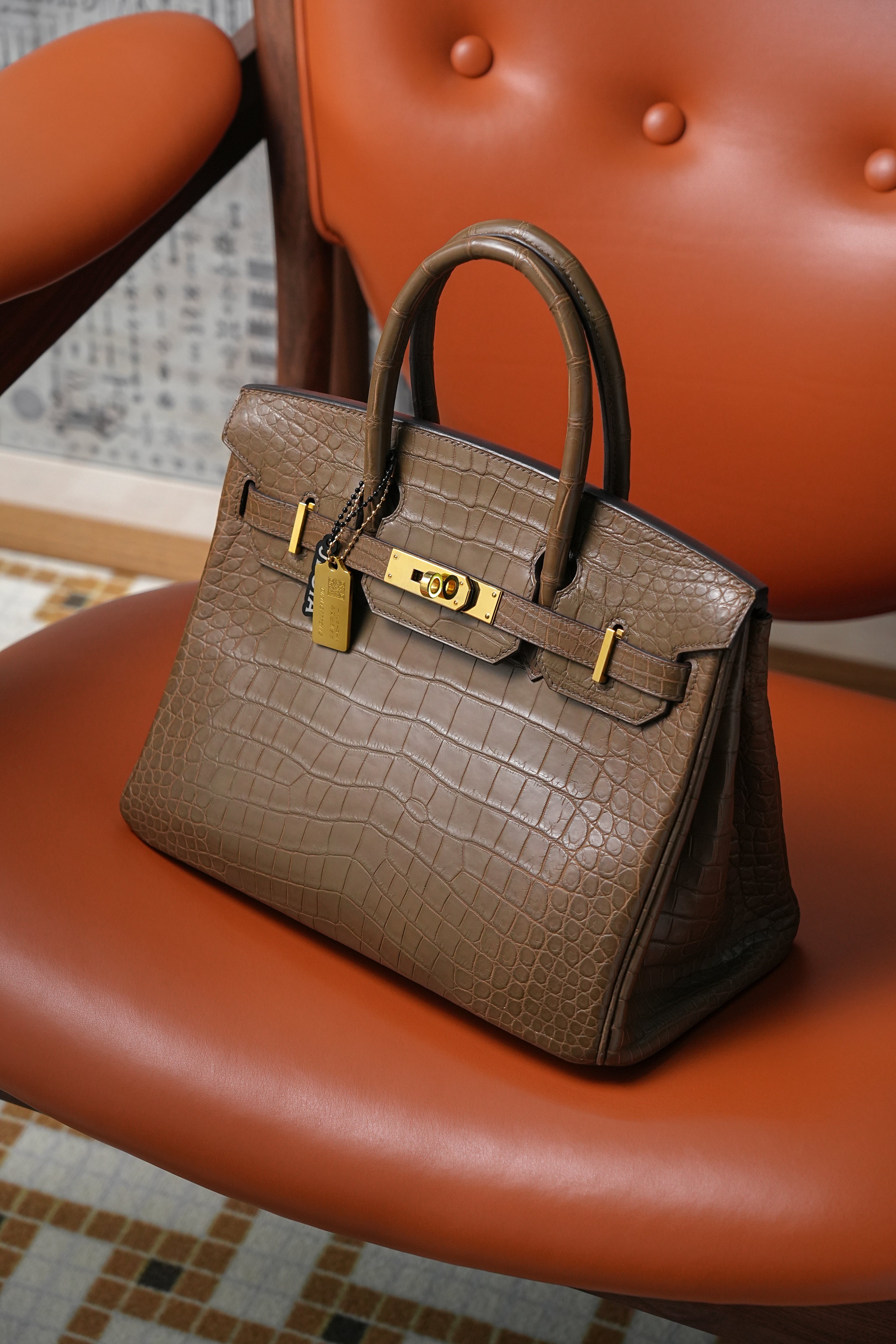 BK-2024 All Handmade Golden / Sliver Hardware  Etoupe Matte Porosus Crocodile leather