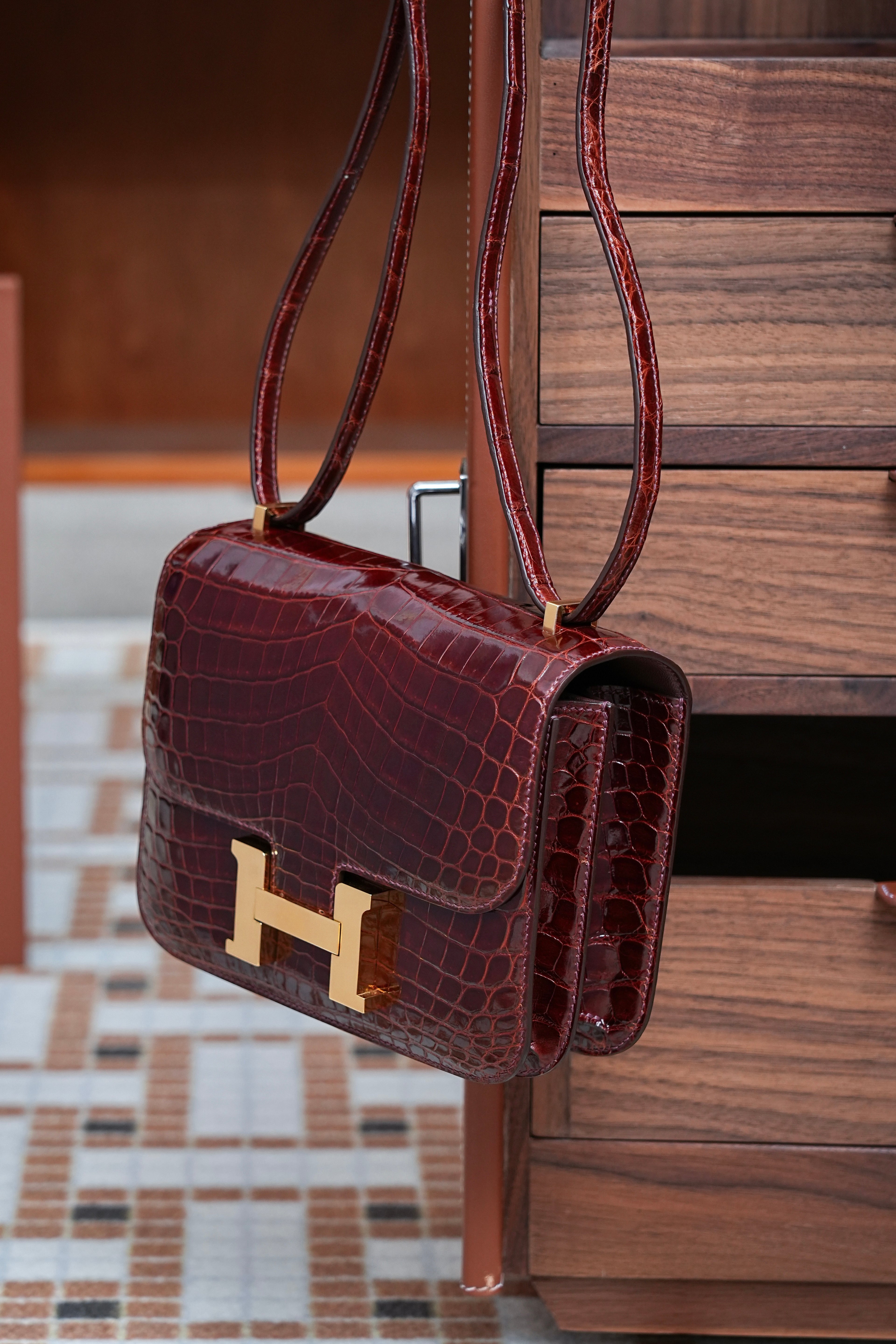 Constance- All Handmade Golden / Sliver Hardware  Bordeaux Crocodile leather