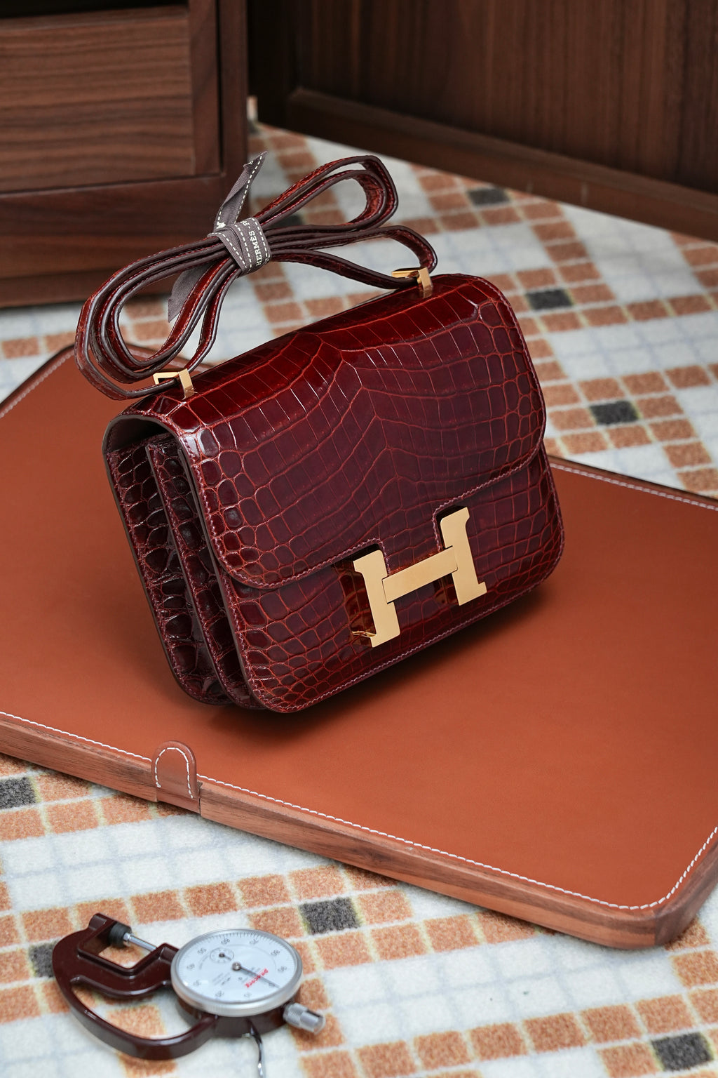Constance- All Handmade Golden / Sliver Hardware  Bordeaux Crocodile leather