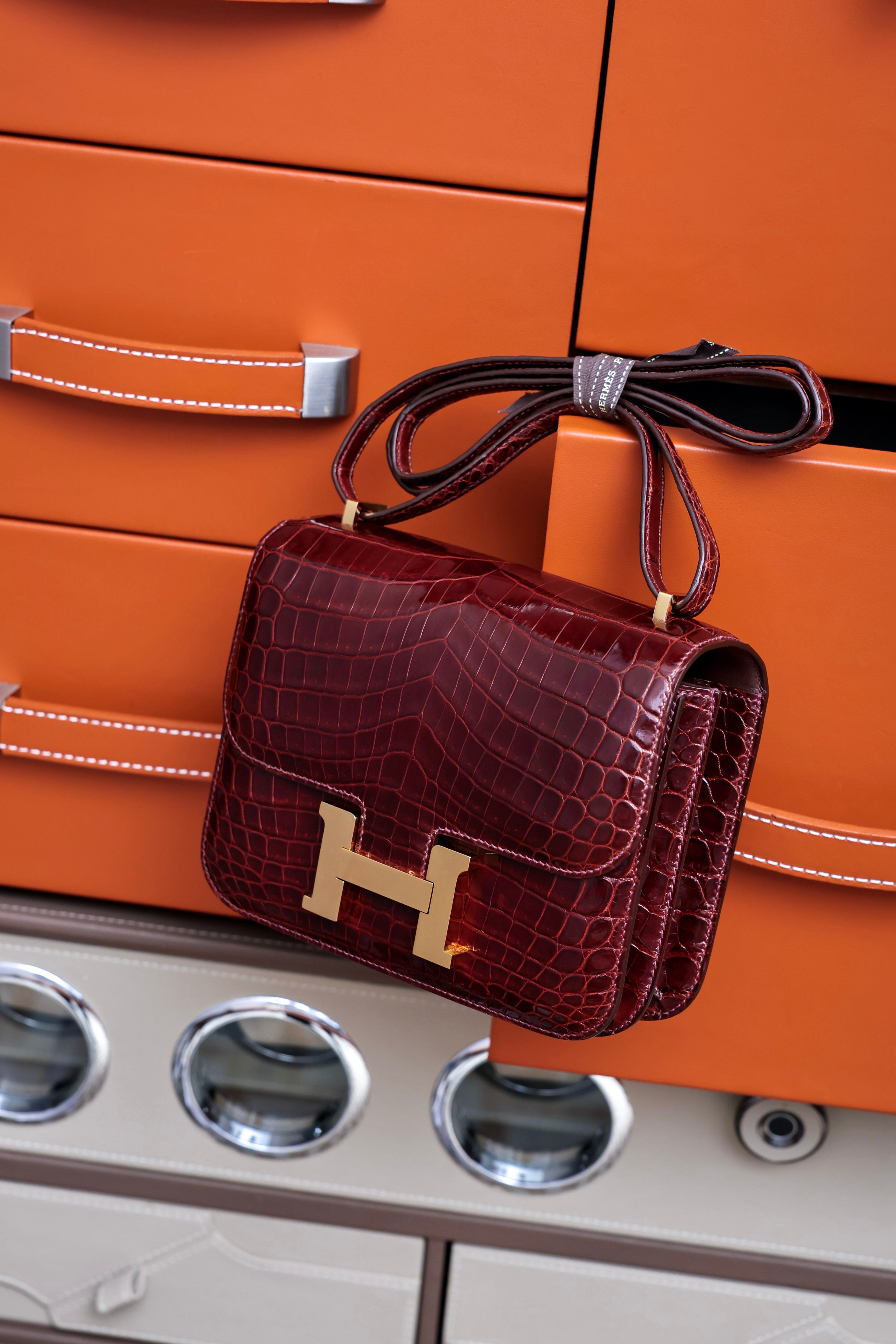 Constance- All Handmade Golden / Sliver Hardware  Bordeaux Crocodile leather