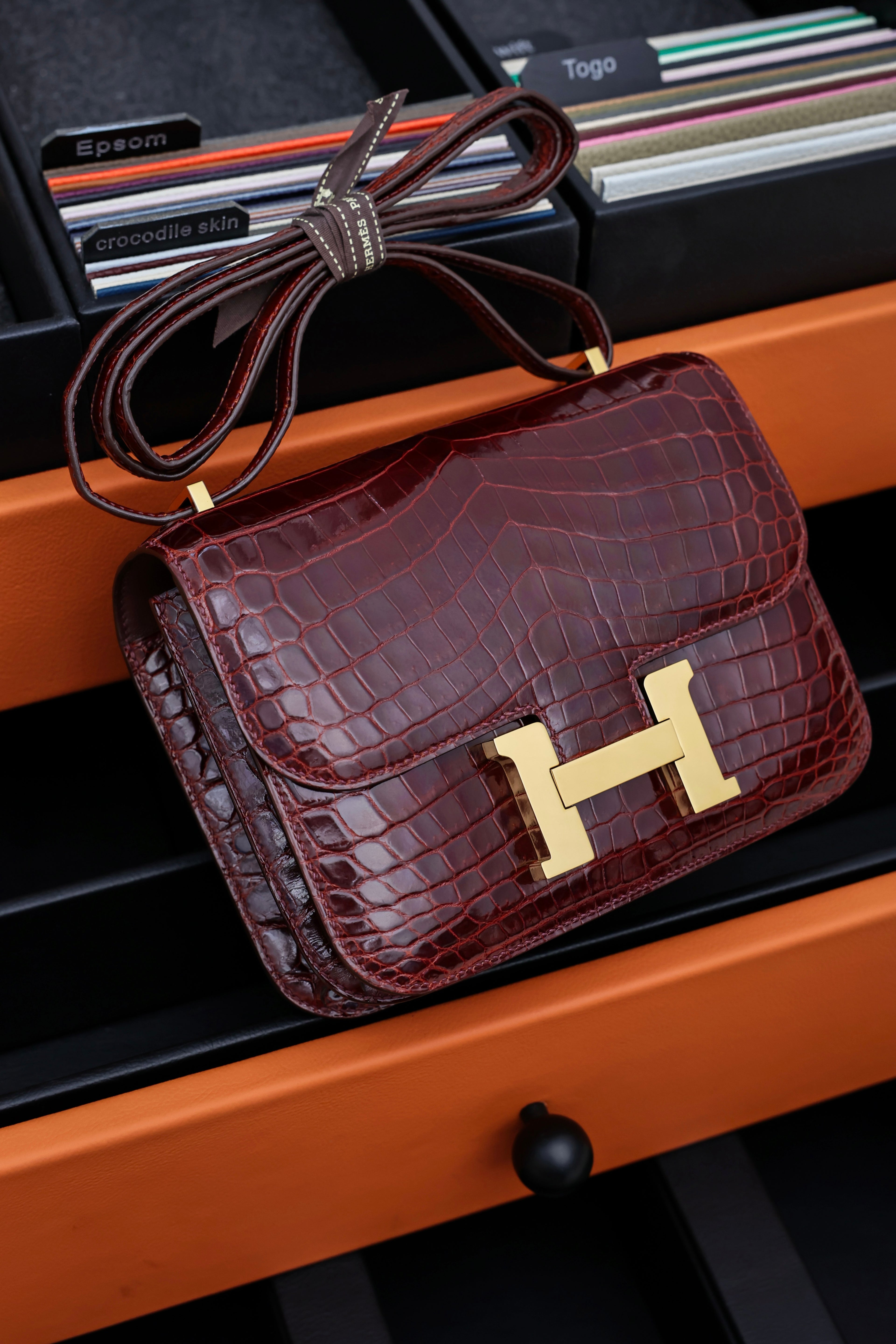 Constance- All Handmade Golden / Sliver Hardware  Bordeaux Crocodile leather