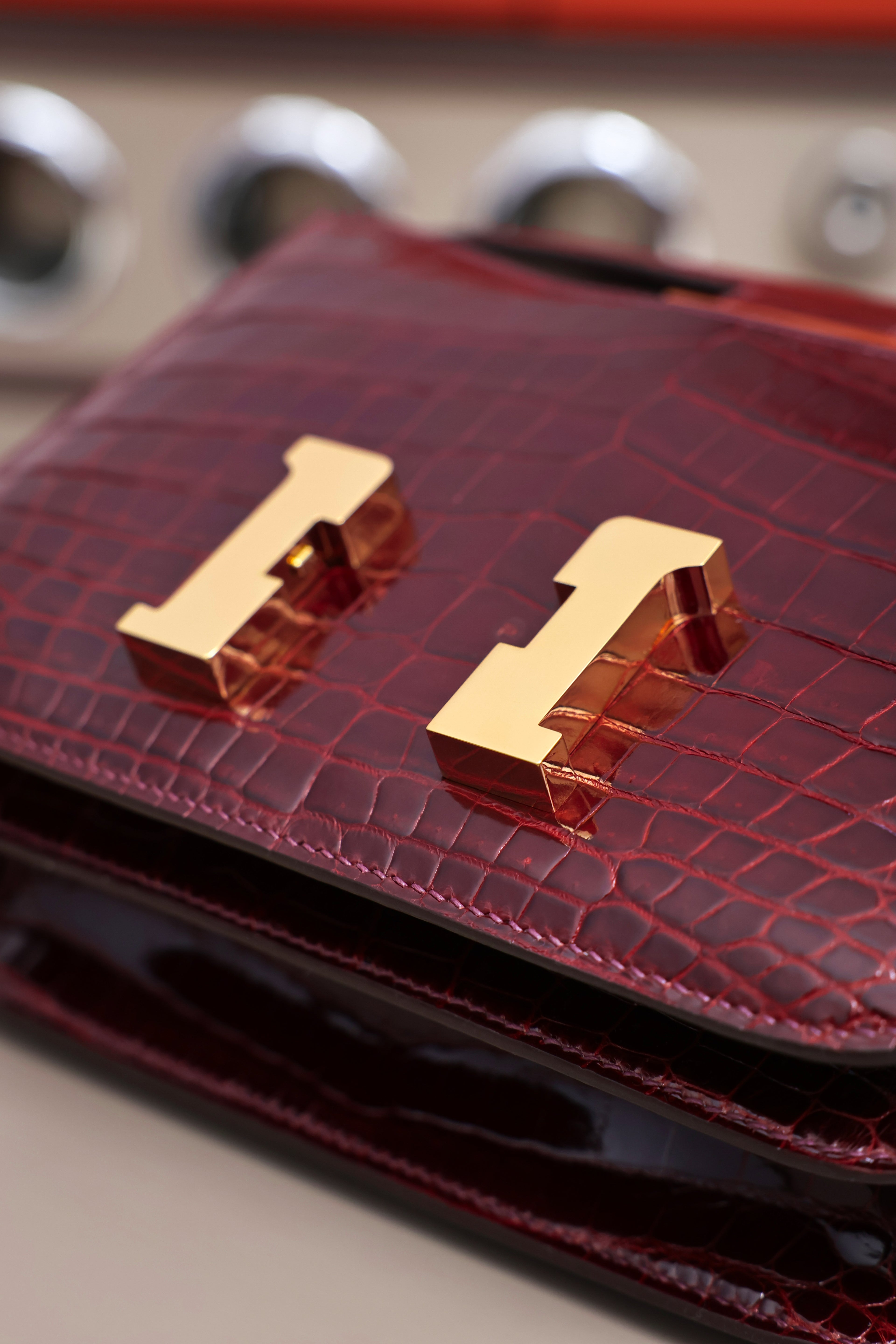 Constance- All Handmade Golden / Sliver Hardware  Bordeaux Crocodile leather