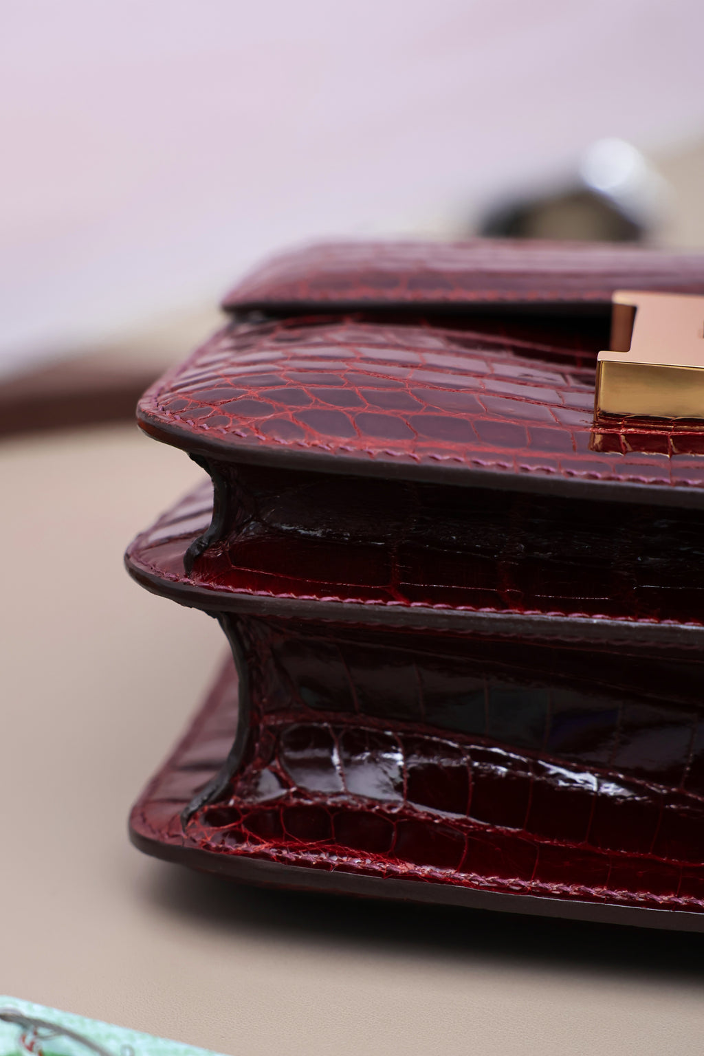Constance- All Handmade Golden / Sliver Hardware  Bordeaux Crocodile leather