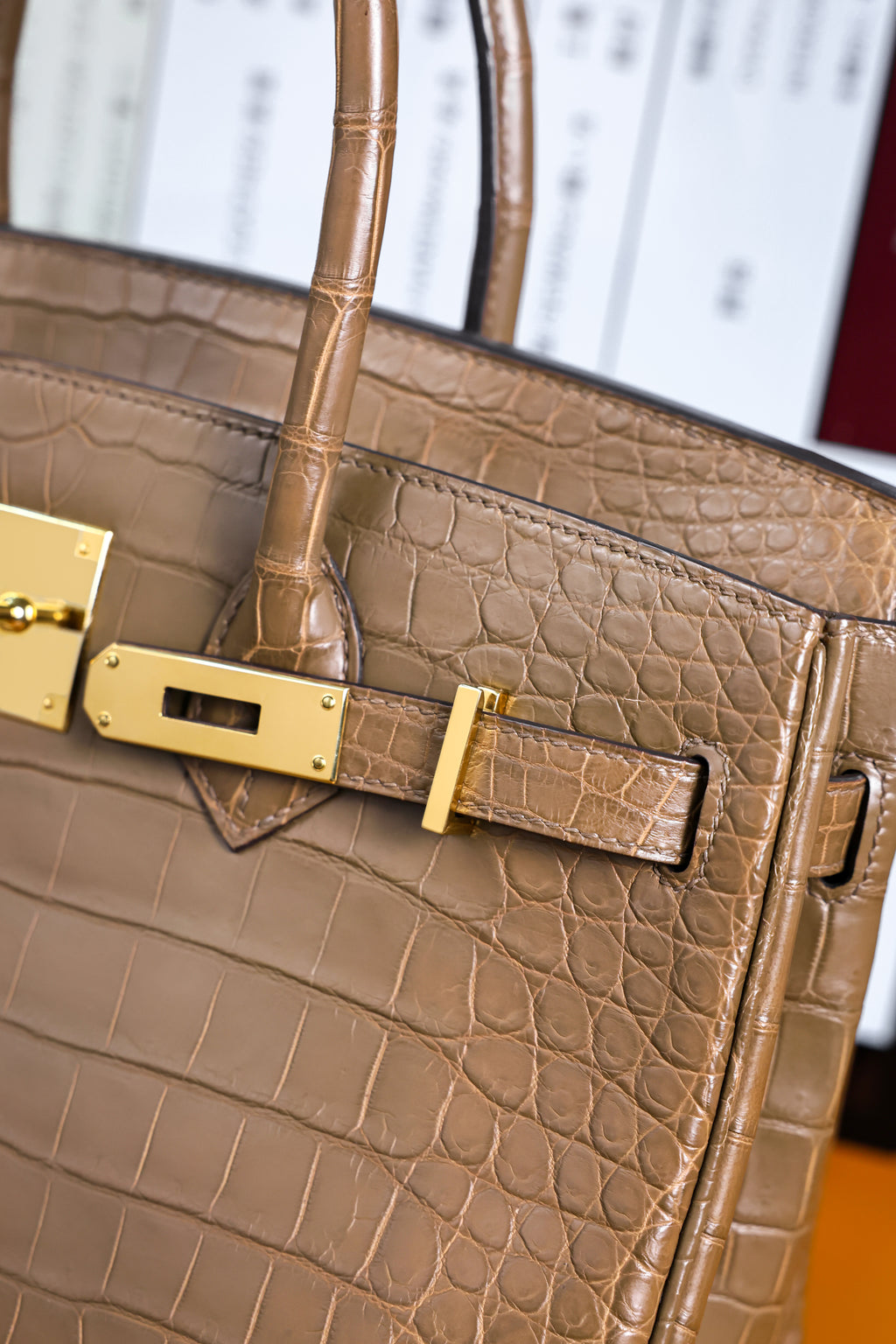 BK-2024 All Handmade Golden / Sliver Hardware  Etoupe Matte Porosus Crocodile leather
