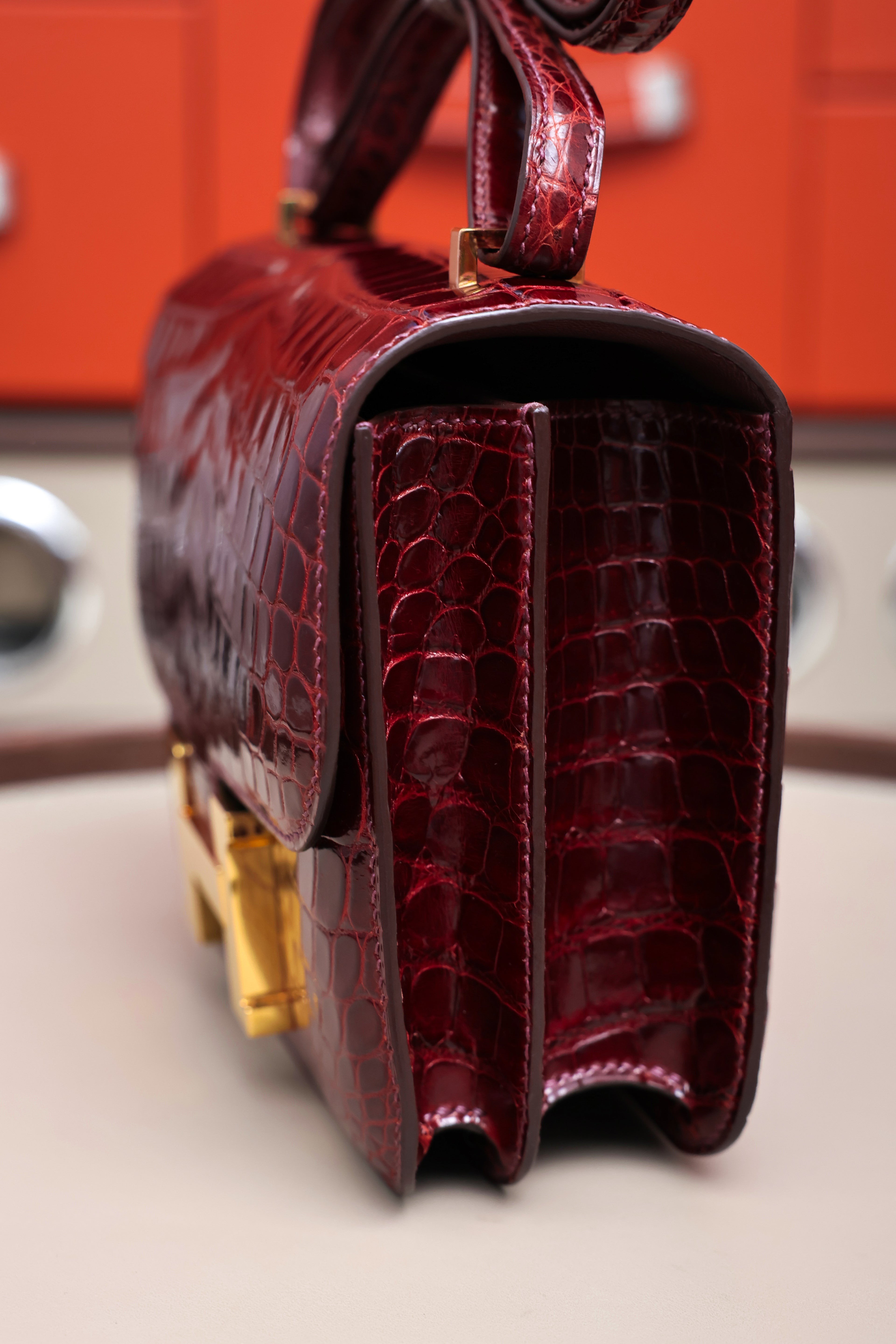 Constance- All Handmade Golden / Sliver Hardware  Bordeaux Crocodile leather