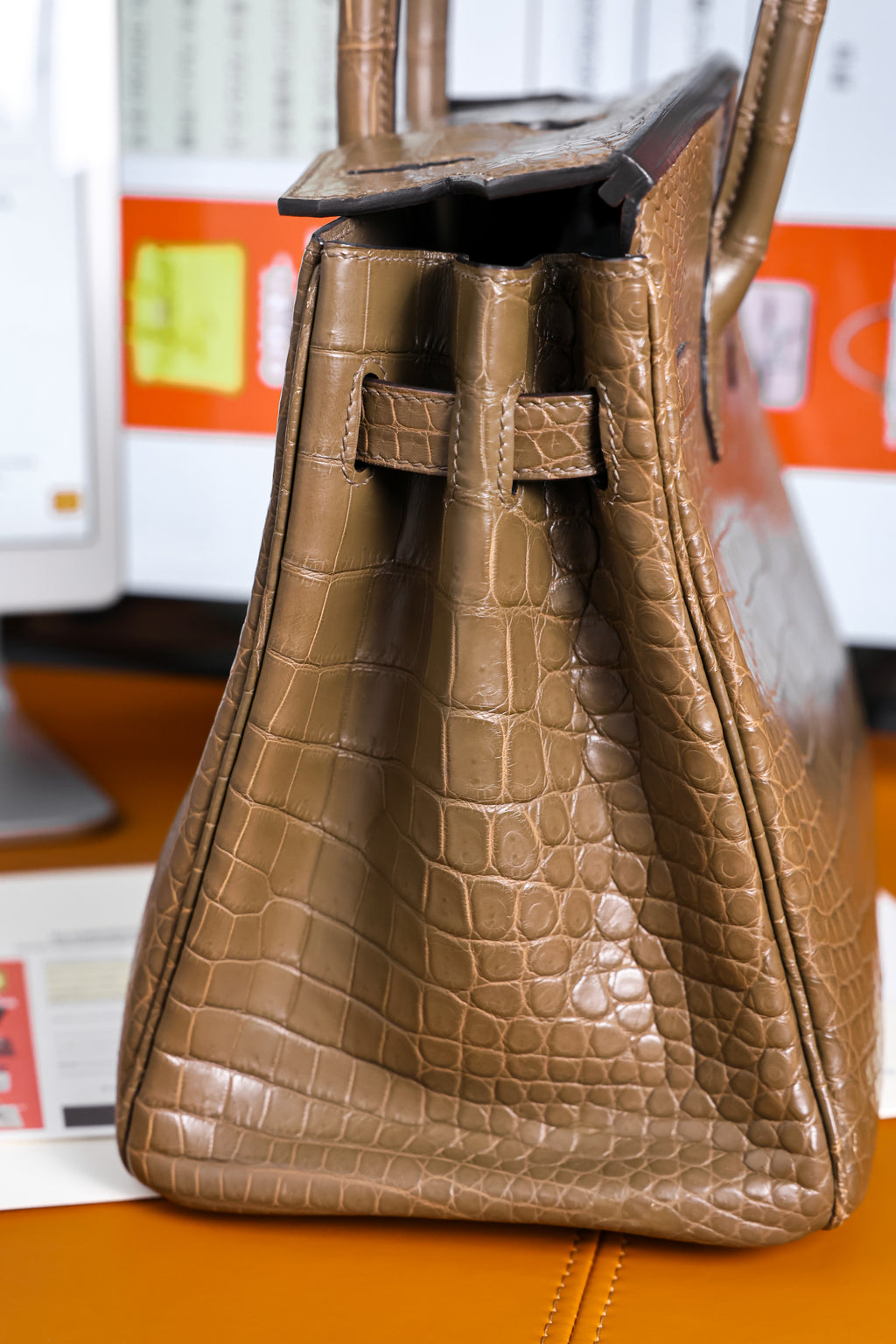 BK-2024 All Handmade Golden / Sliver Hardware  Etoupe Matte Porosus Crocodile leather