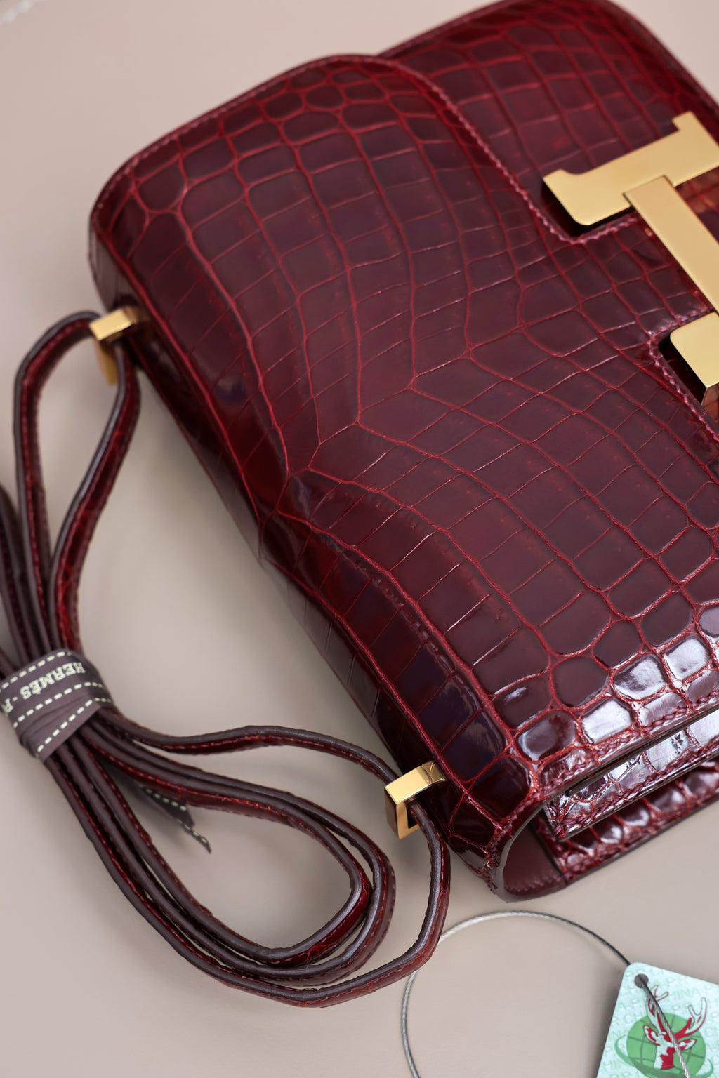 Constance- All Handmade Golden / Sliver Hardware  Bordeaux Crocodile leather