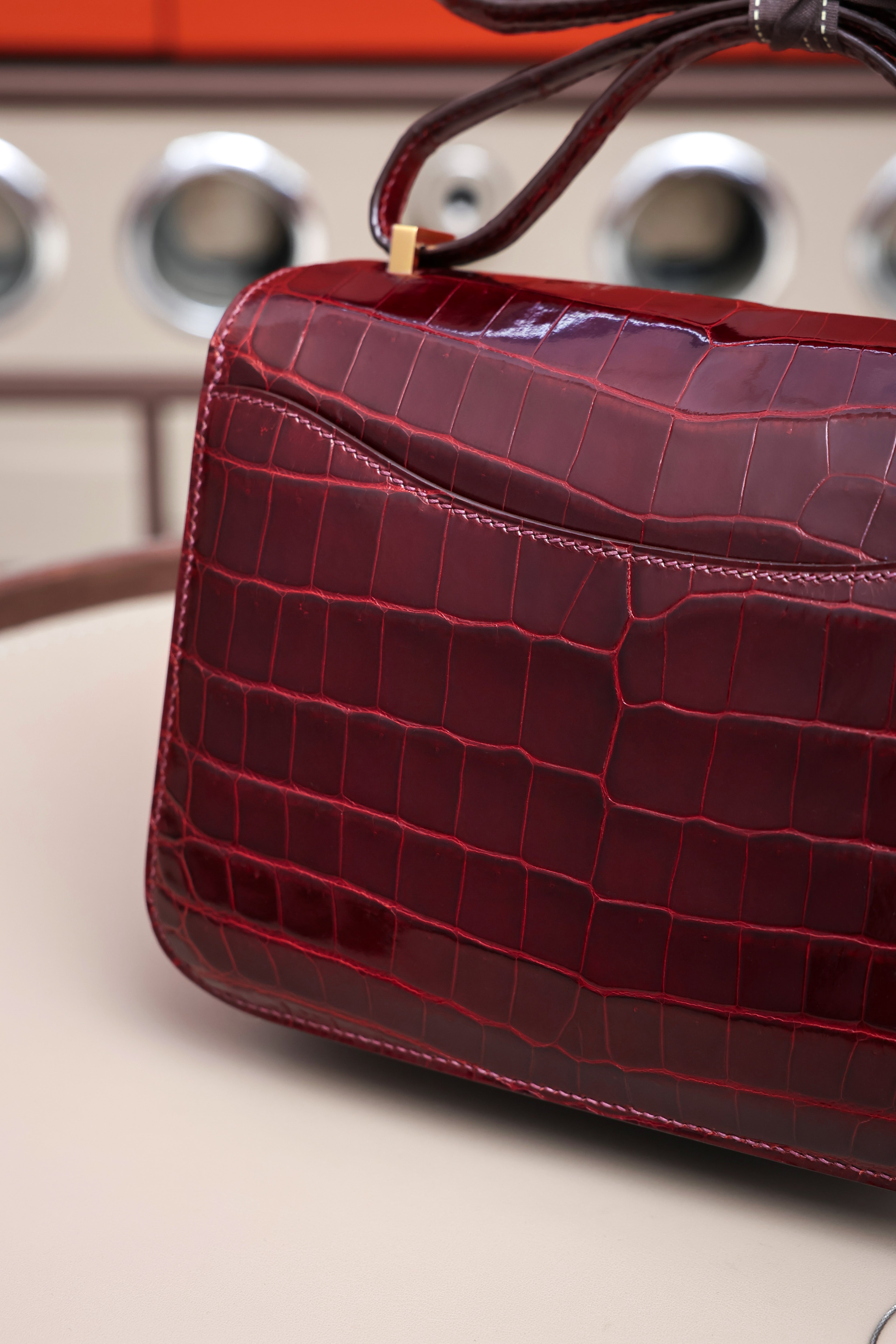 Constance- All Handmade Golden / Sliver Hardware  Bordeaux Crocodile leather