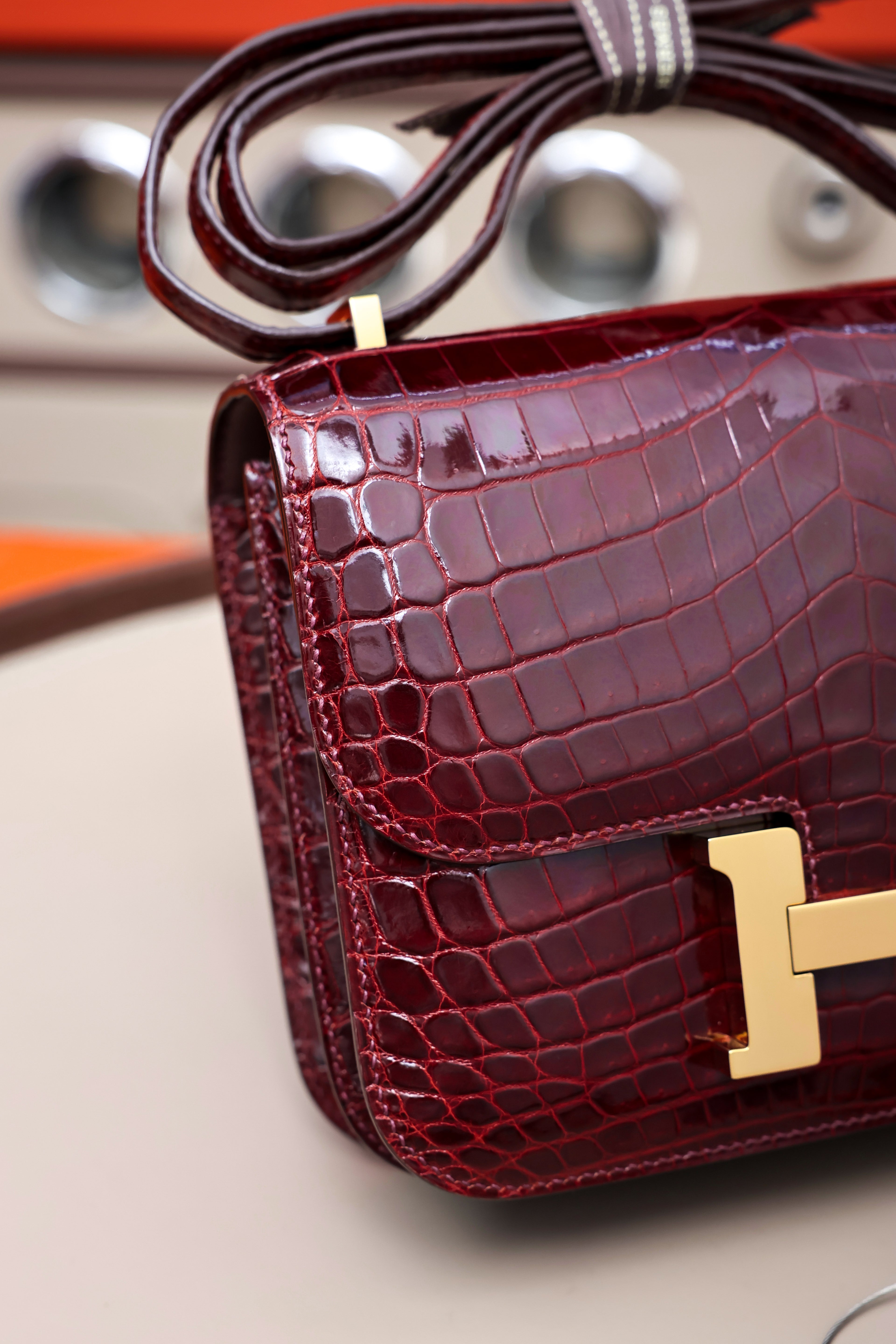 Constance- All Handmade Golden / Sliver Hardware  Bordeaux Crocodile leather