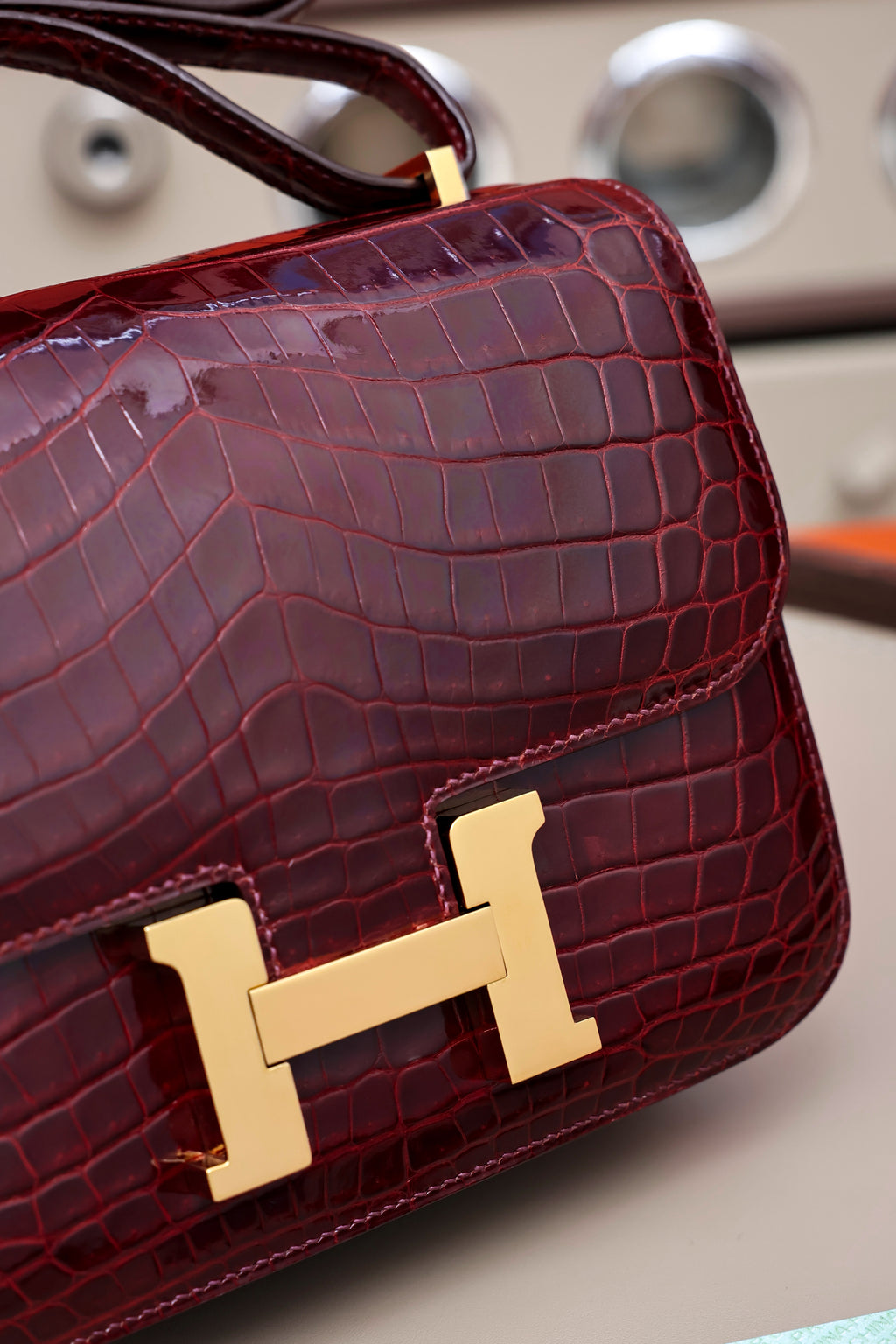 Constance- All Handmade Golden / Sliver Hardware  Bordeaux Crocodile leather